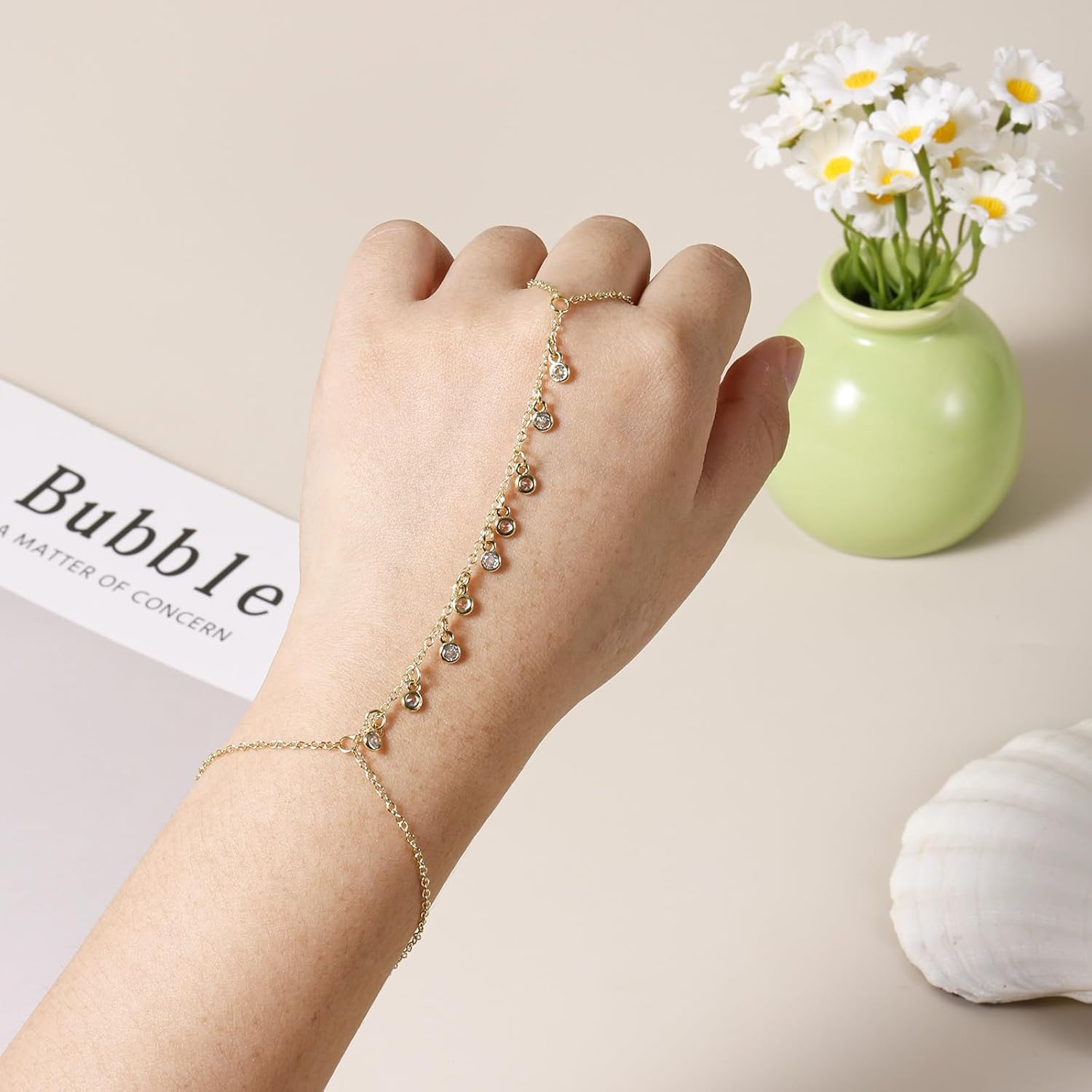 Gold Plated Women'S Bracelet, Gold Plated Hand Chain Finger Ring Bracelet Hand Chain Bracelet for Women Fashion Jewelry Gift Accessories, Medium, No Gemstone image number 5