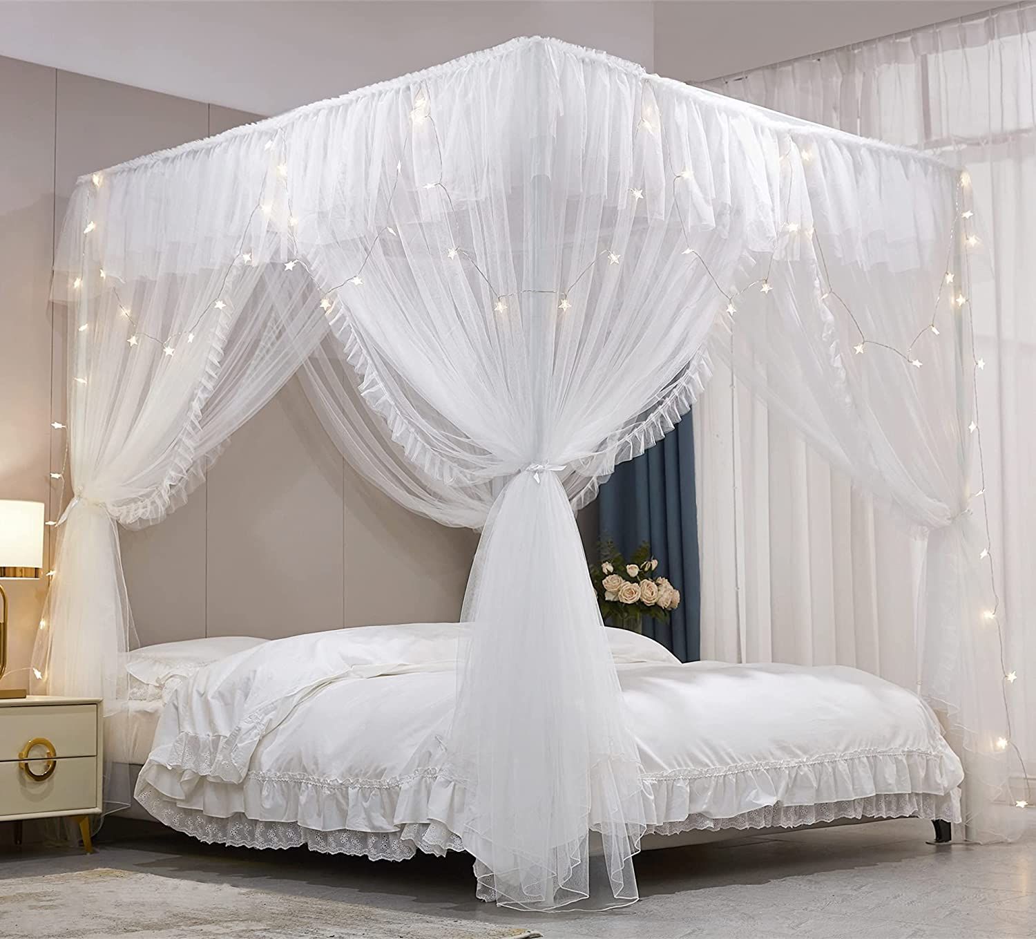 VETHIN 4 Corners Post Ruffle Princess Bed Canopy Curtain-Double Layer Cozy Drape Netting 4 Opening Mosquito Net for Girls Adults Bedroom Decoration (White/White, 59" W*82" L*82"*H/(Queen)) image number 3