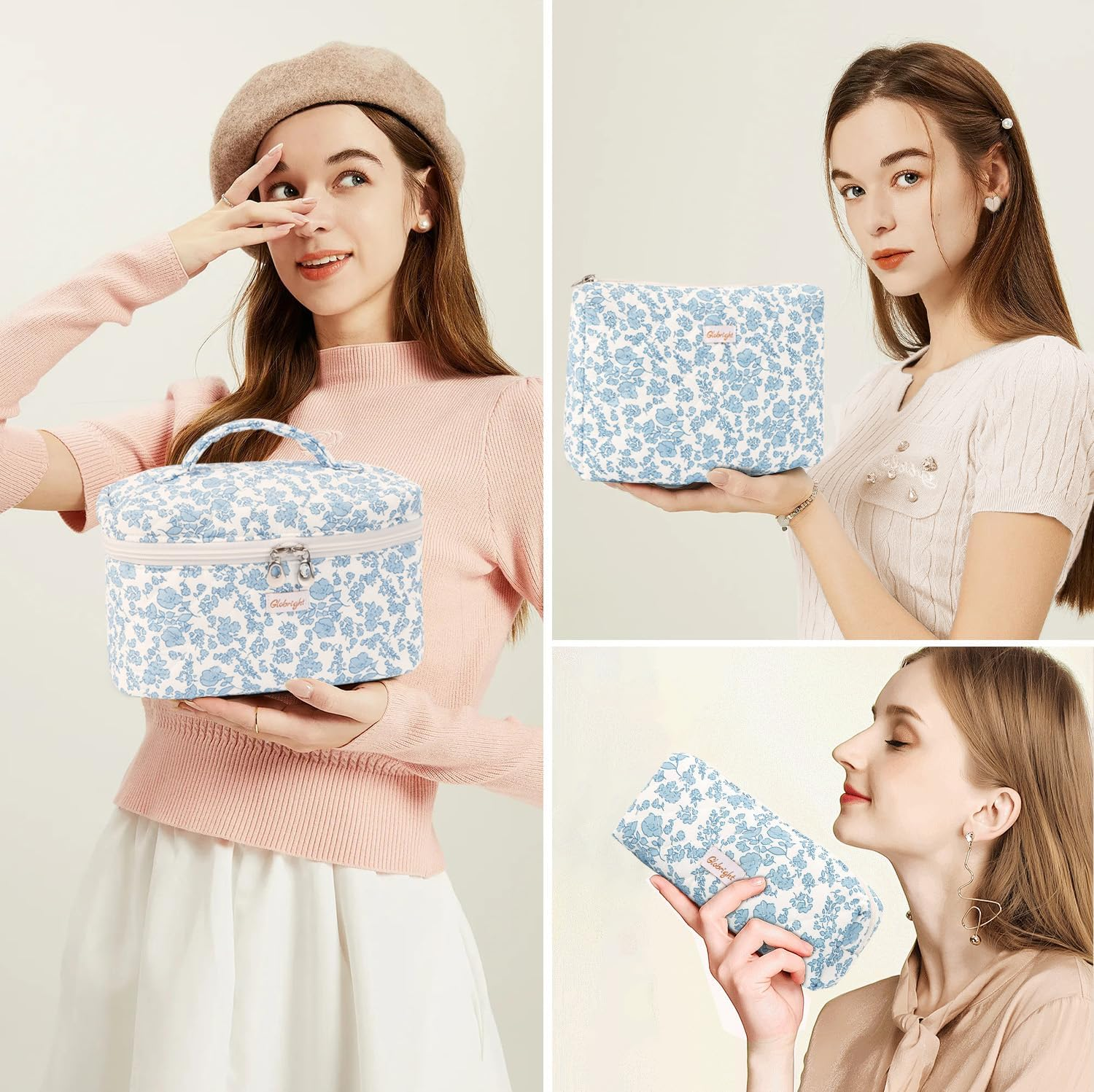 Globright 3 Pieces Makeup Bag Large Checkered Cosmetic Bag, Cotton Make up Bag Travel Toiletry Bag for Mom Girlfriend Wife Women, Floral, Morden image number 4