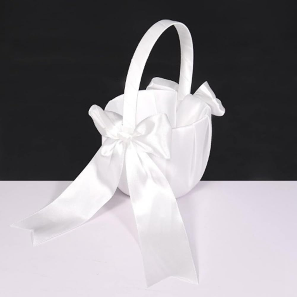 Veumoie 2 Piece White Flower Girl Basket Wedding Basket for Flower Cute Satin Flower Girl Basket image number 1