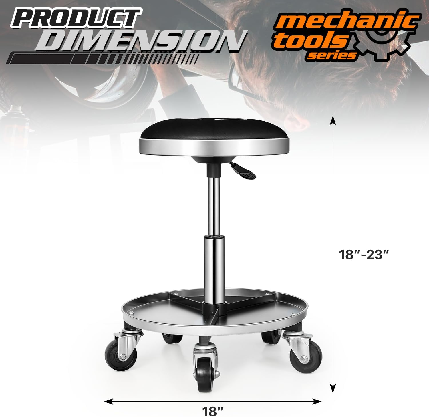 M-AUTO Pneumatic Rolling Mechanic Stool with Wheels 250-Pound Capacity Creeper, 18" to 23" Adjustable Height Mobile Garage Shop Seat with Detachable Tool Tray Storage, Black image number 5