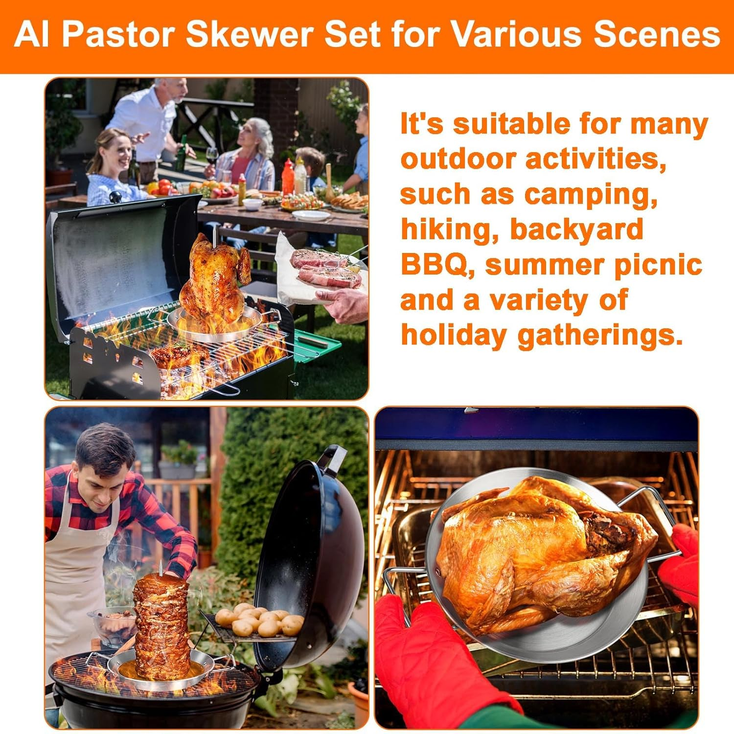 Al Pastor Skewer for Grill, 10 Inch Brazilian Spit Stand with 5 Spikes & 2 Brushes, Stainless Steel Vertical Sticks, Gyro Pan with Fat Separator for Tacos Al Pastor, Shawarma, Chicken on Smoker Oven image number 3