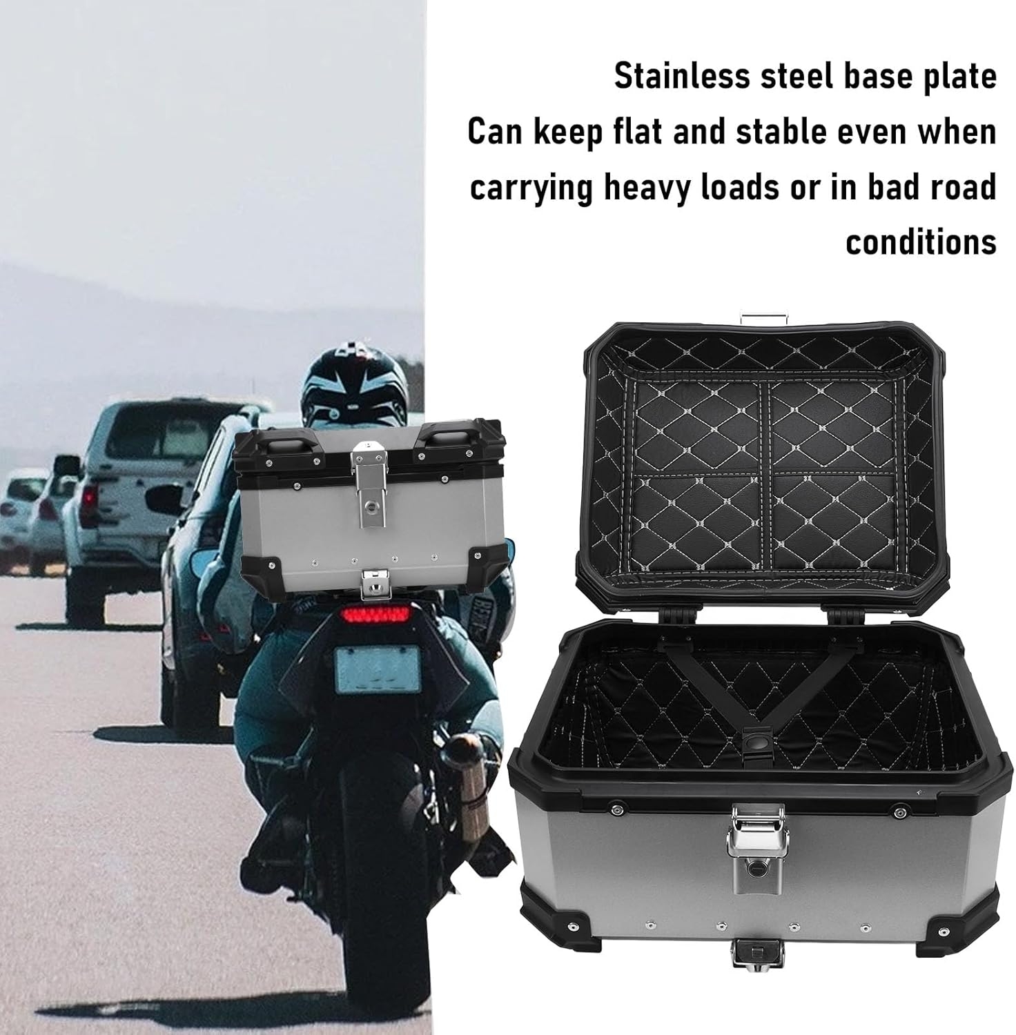 32L Motorcycle Top Case with Safety Lock, Quick Release Motorcycle Trunk, Water Resistant Aluminum Alloy Motorcycle Top Box, Universal Fit Motorcycle Tail Bag (Silver) image number 6