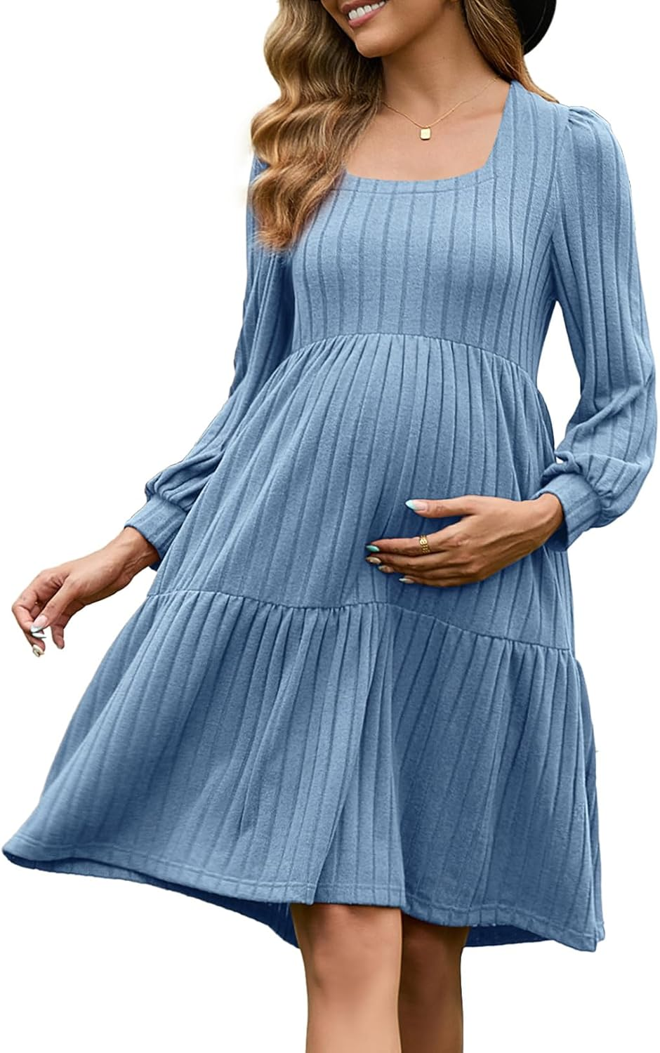 GINKANA Womens Maternity Sweater Dress Square Neck Long Sleeve Fall Casual Pregnancy Babydoll Knit Dresses with Pocket