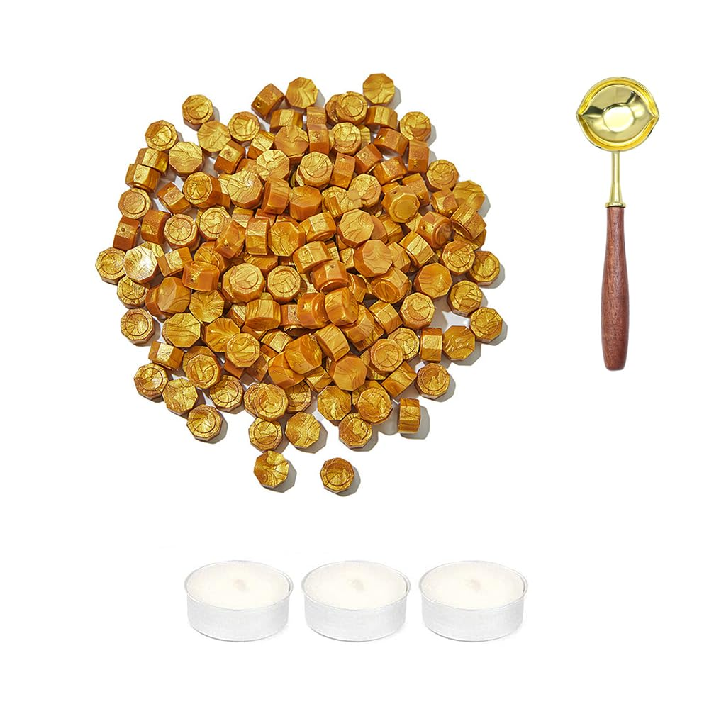 400 PCS Sealing Wax Beads for Stamp,Wax Seal Kit with 3 Tea Candles and 1 Melting Spoon,Antique Decor,Octagon Wax Pellets,For Wine Packages,Wedding Invitations,Envelope (Crown Gold)