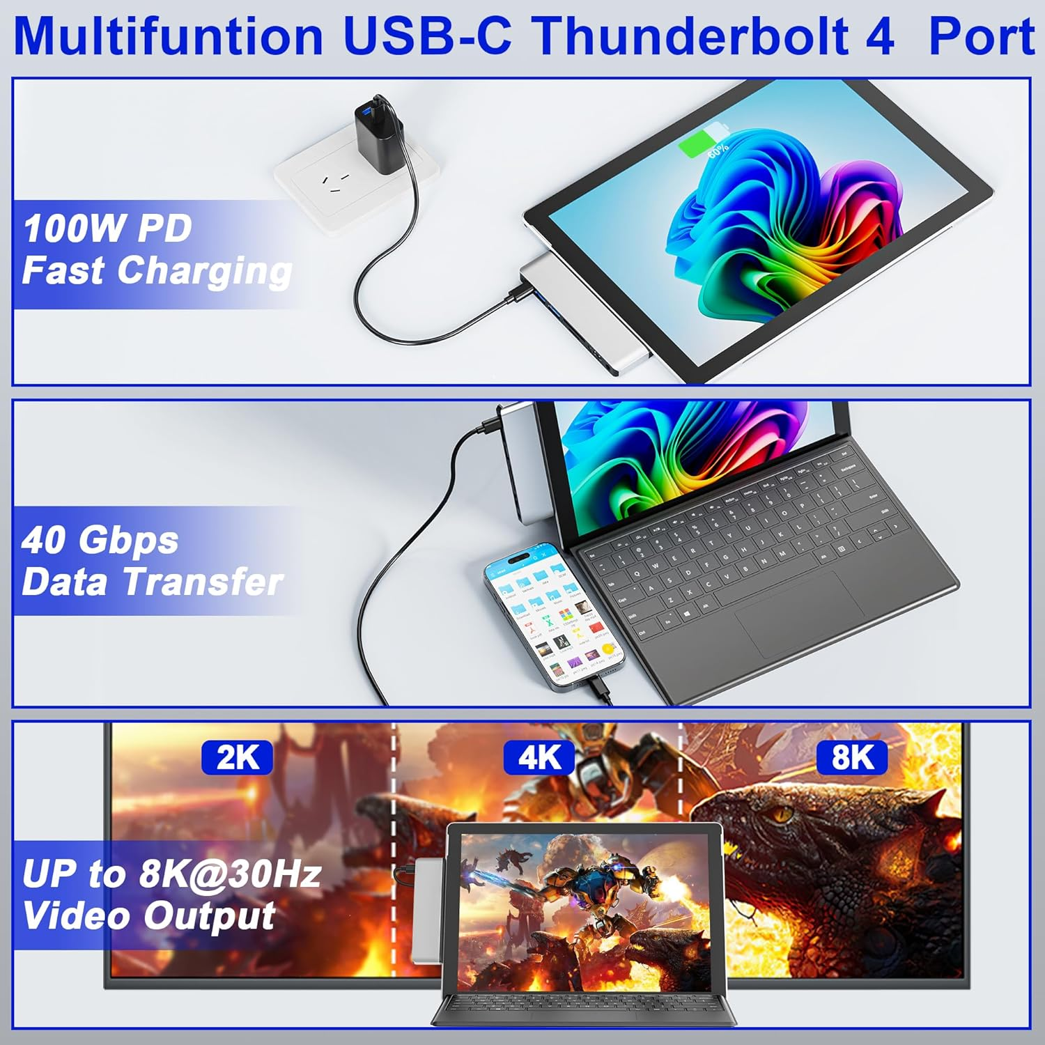 Surface Pro 11 USB C Adapter, USB C Hub for Surface Pro 9/11/10/X with 4K HDMI, Thunerbolt 4 (8K Video+Data+100W PD), 2*USB 3.0, 3.5Mm Audio, SD/TF image number 3