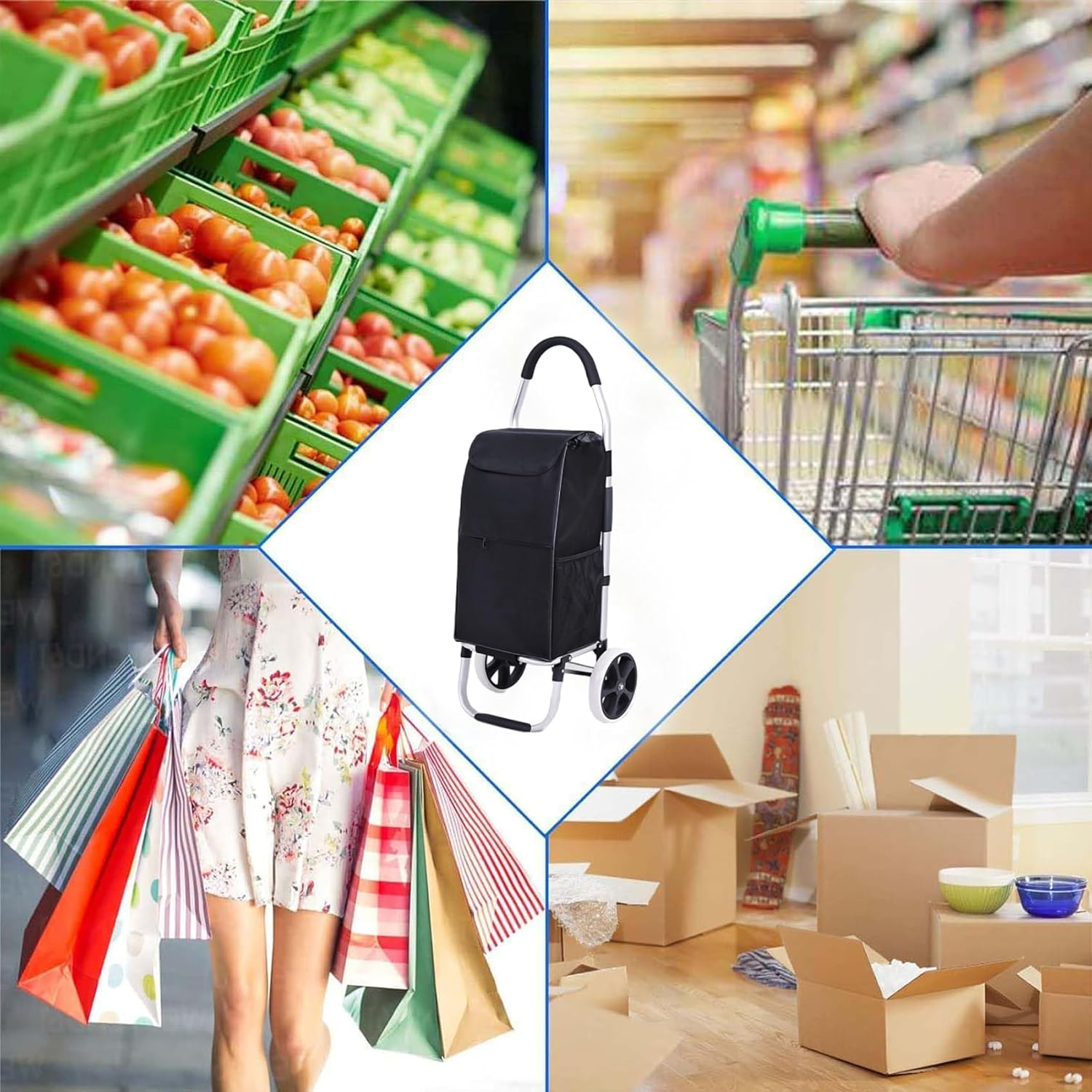 Black Shopping Trolley Cart, Foldable Rolling Dolly with Two Wheels and Removable Bag for Groceries, Shopping, Camping, Laundry, 33 * 28 * 103Cm