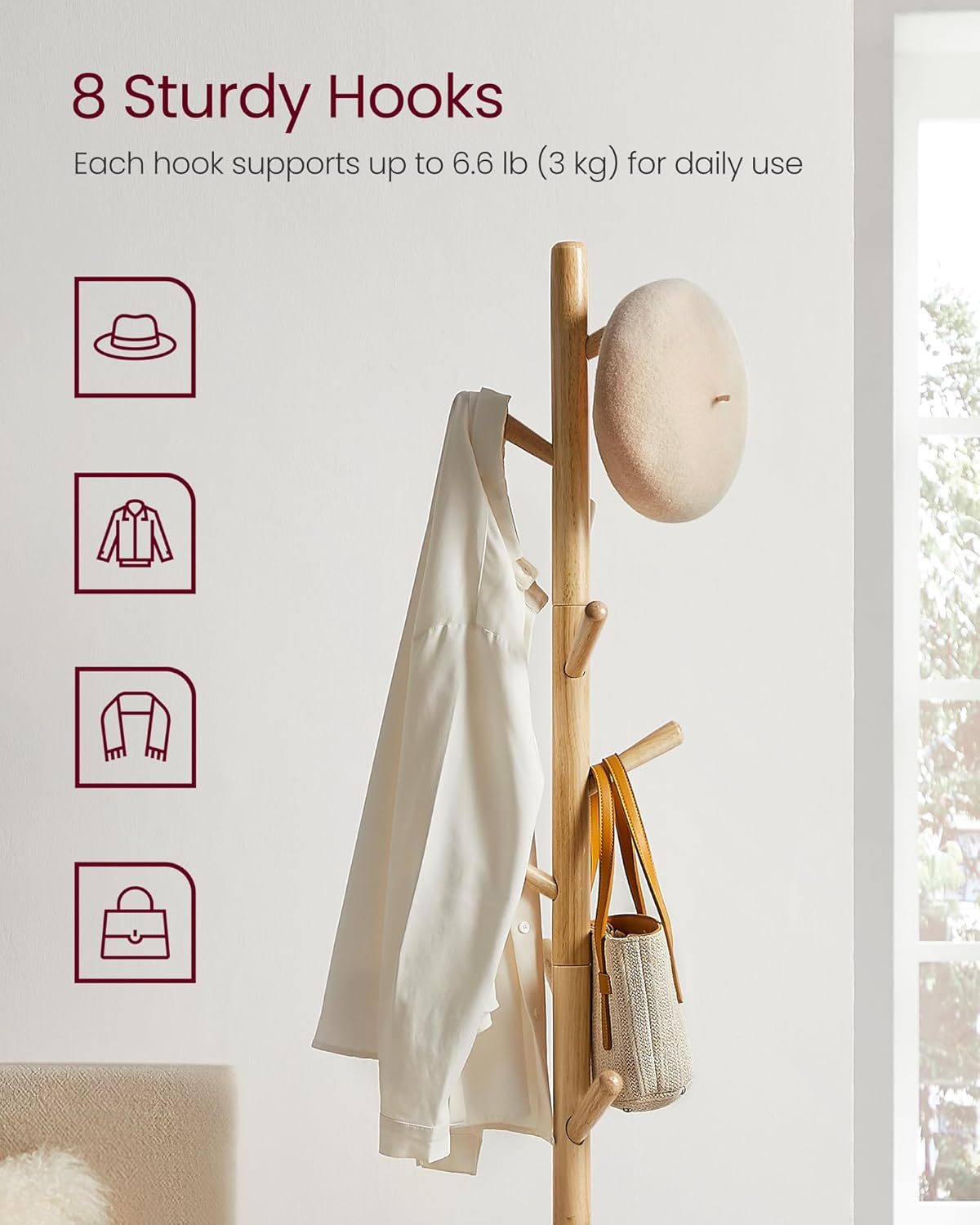 VASAGLE Coat Rack, Solid Wood Coat Stand, Freestanding Hall Tree, 8 Hooks, Natural Beige URCR010N01