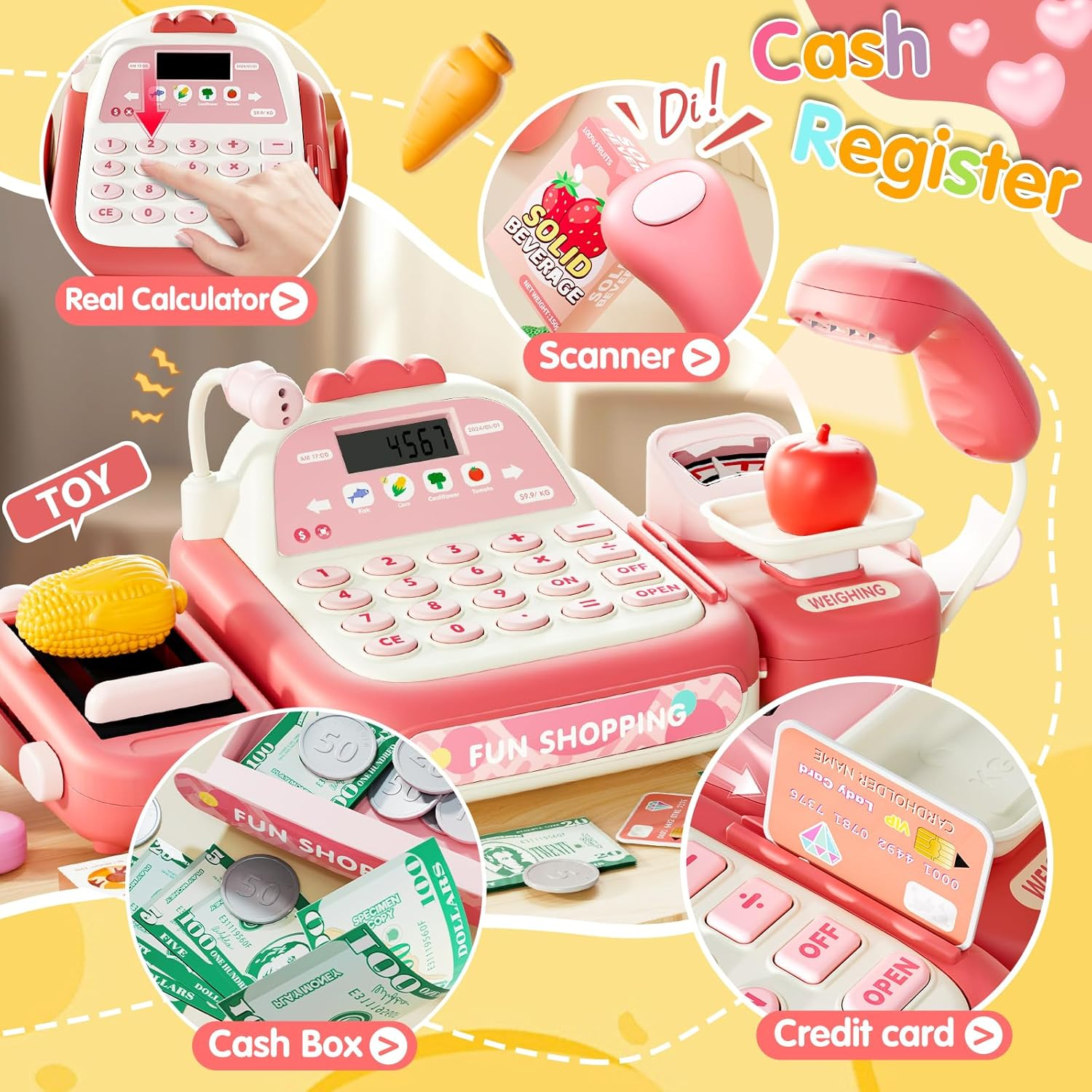 STACTCUTE 49PCS Pretend Play Cash Register Toy Set for Kids with Real Calculator,Scanner,Microphone,Conveyor Belt,Weighing Tool,Cashier Playset Realistic Gift for Toddler Kid Ages 3 4 5 6 7 8（Pink） image number 5