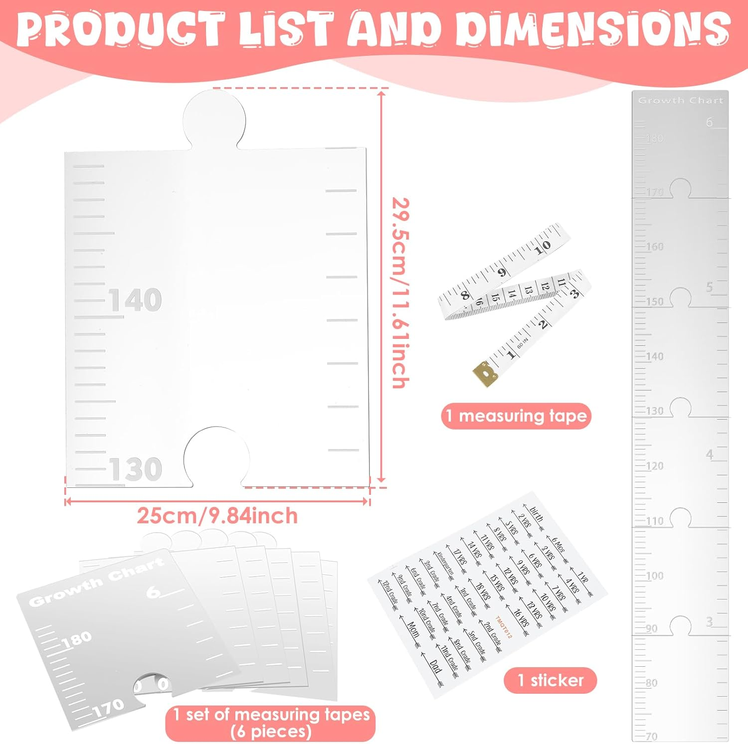 Fwqofvk 3 in 1 Acrylic Mirror Growth Chart for Kids, Decorative Wall Growth Chart Mirror, Puzzle Growth Chart Mirror, Height Measuring Puzzle Mirror for Home Nursery 25X29.5Cm image number 3