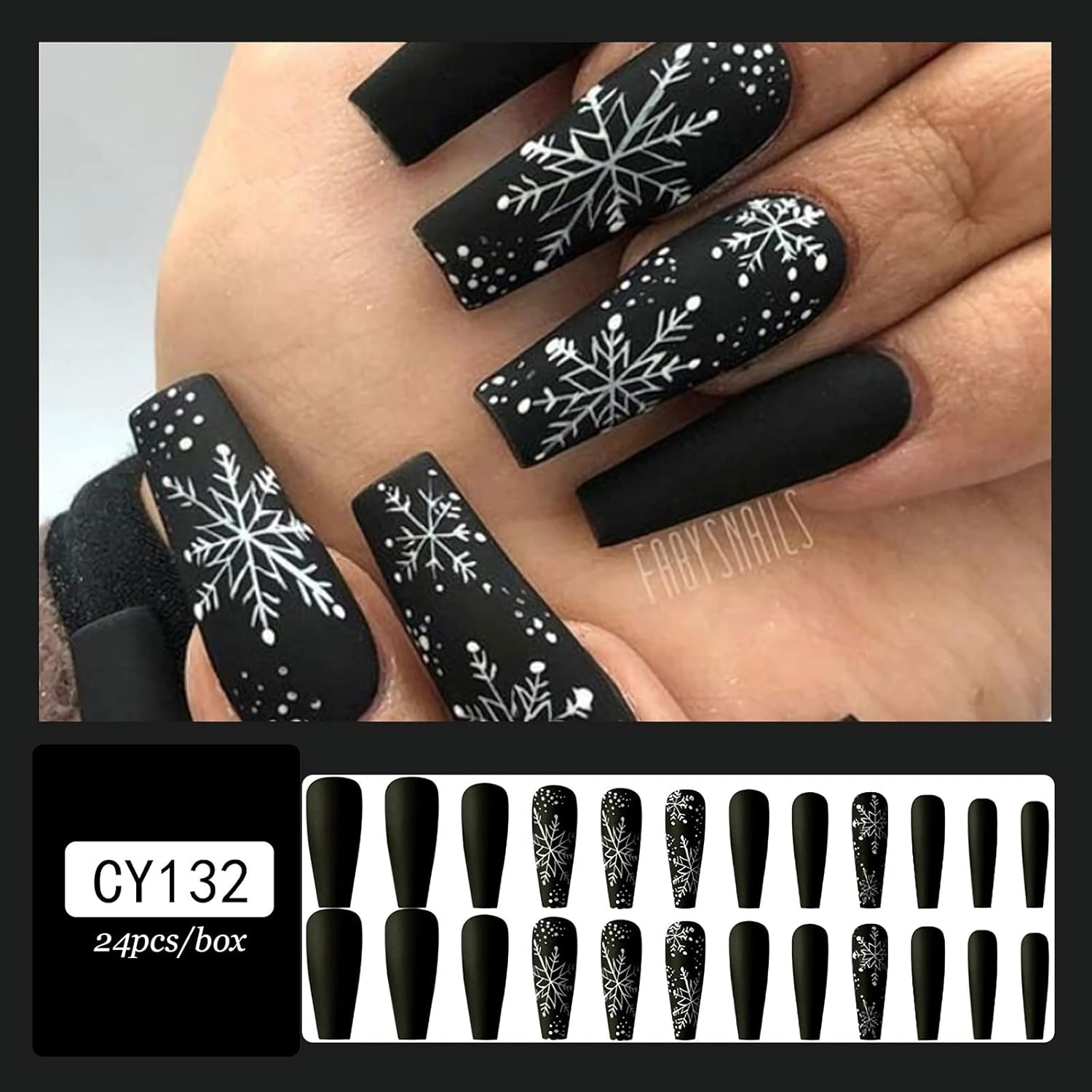 24 Pcs Snowflake Press on Nails Long Black White Christmas Fake Nails Glossy White Snow Glue on Nails Full Cover Coffin Shaped Long Christmas False Nails for Women Manicure Decorations - Christmas Snowflake image number 1