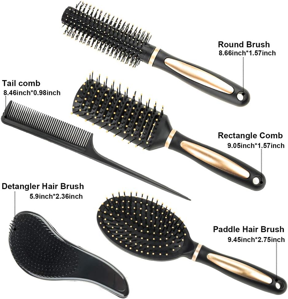 5 Pieces Hair Brush Set Detangling Brush Paddle Brush round Hair Brush Tail Comb Wet Dry Brush for Women Men Hair Styling (Black)