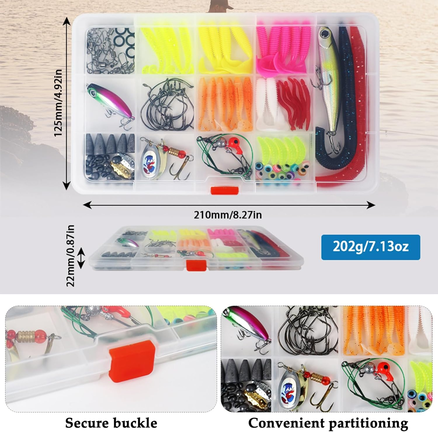 Roseflower 114 PCS Fishing Lure Set, Includes Hard and Soft Bait, Curly Tail Maggot/Double Tail Maggot, Fish Hooks, Minnow, Spinnerbait, Spoon, Freshwater Saltwater Fishing Equipment