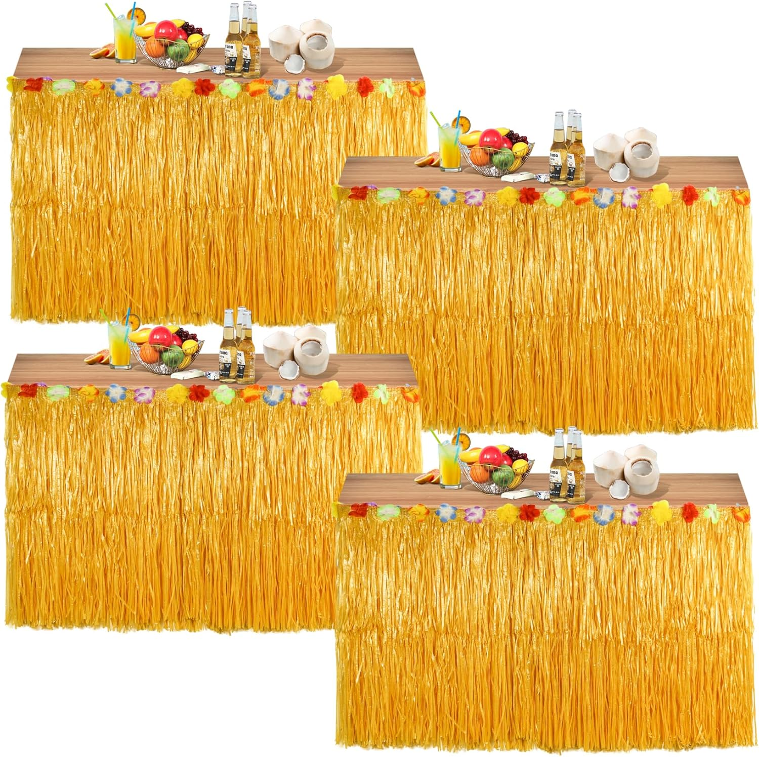 4 Pcs Luau Grass Table Skirt, Hawaiian Luau Hibiscus Table Skirt Faux Flowers Table Hula, Grass Skirt Table Fringe Luau Table Decorations, Party, Events, Birthdays, Celebration Decoration image number 5