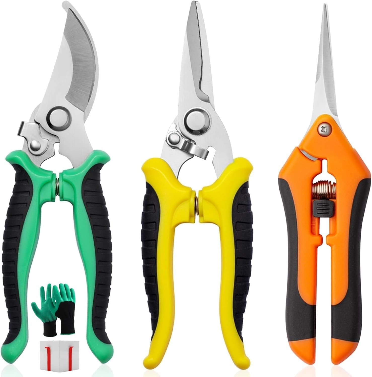 3 Pack Garden Pruning Shears, XICEN Stainless Steel Blades Handheld Pruners Set with Gardening Gloves, Handheld Scissors, Heavy Duty Garden Bypass Pruning Shears, Tree Trimmers Secateurs, Hand Pruner