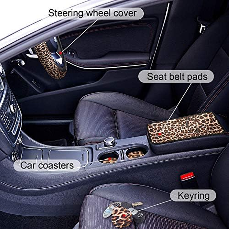 7-Piece Leopard Print Car Accessory Set - Steering Wheel Cover, Car Coasters, Keyring, Armrest Pad & Seat Belt Pads for Most Cars image number 4