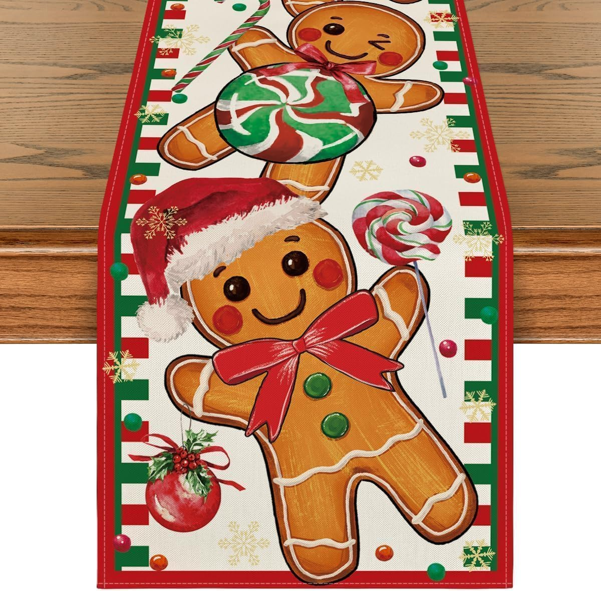 Table Runners Gingerbread Candy Cane Christmas Decor, Winter Kitchen Dining Table Decoration for Home Party 13X72 Inch &ndash; Red image number 2