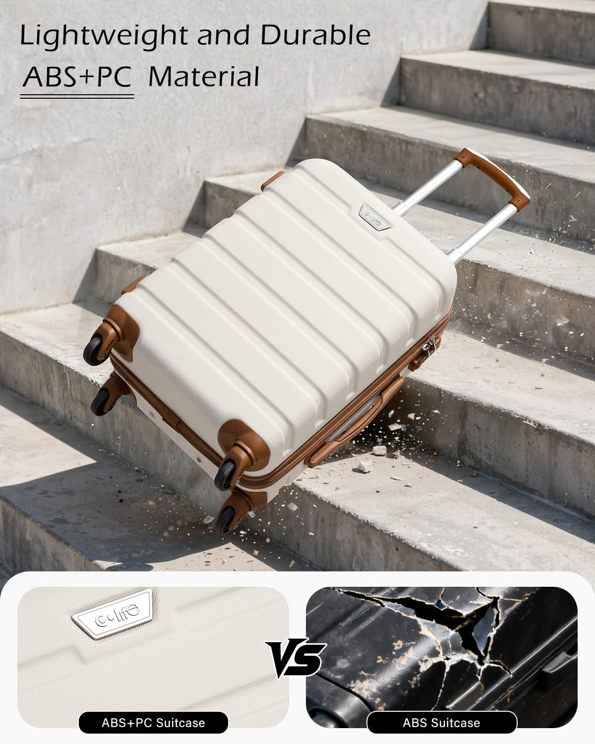 COOLIFE Luggage ABS+PC Lightweight Hard Shell Carry on Suitcase with TSA Lock and 4 Durable Spinner Wheels, White/Brown, 24 Inch image number 7