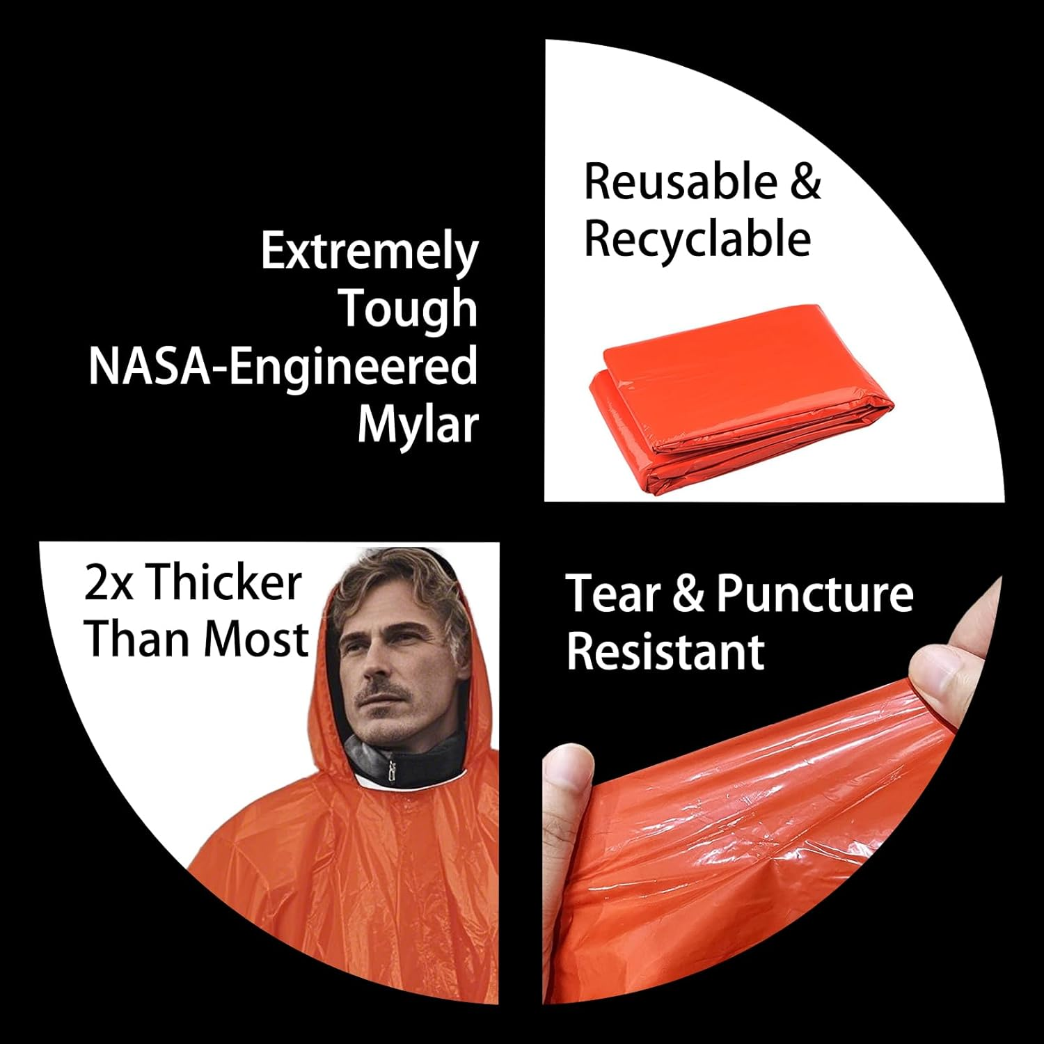 Survival Kit Emergency Blanket & Poncho - Waterproof Windproof Rain Poncho with Mylar Liner for Camping & Hiking Equipment, Outdoor Gear, Car Emergencies（4 Pack） image number 3