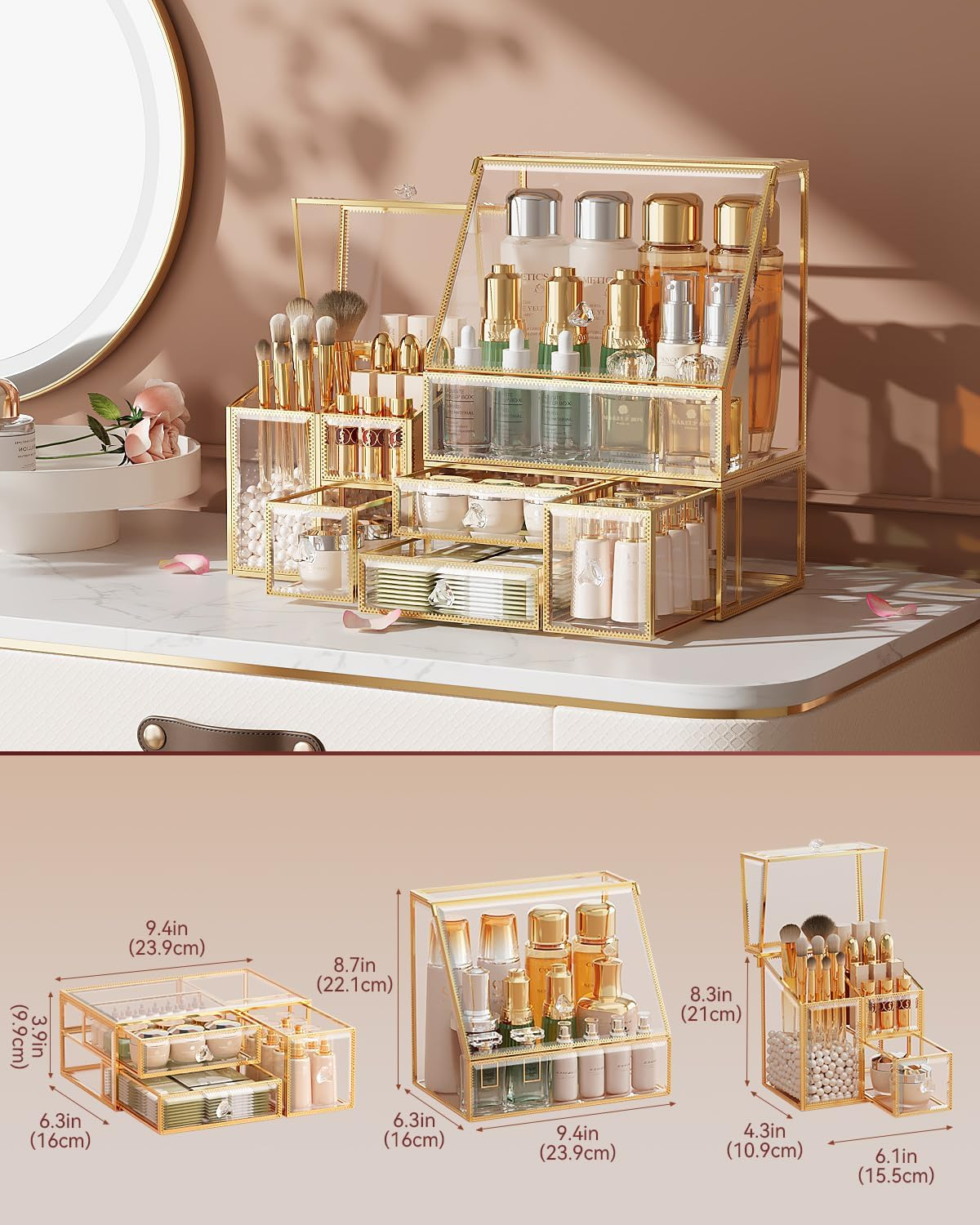 Coralhouse Clear Makeup Organizer with Gold Frame &ndash; Countertop Vanity Organizer for Skincare, Lipsticks, Perfume & Brushes &ndash; Bathroom Cosmetic Storage Display Box - Amber image number 3