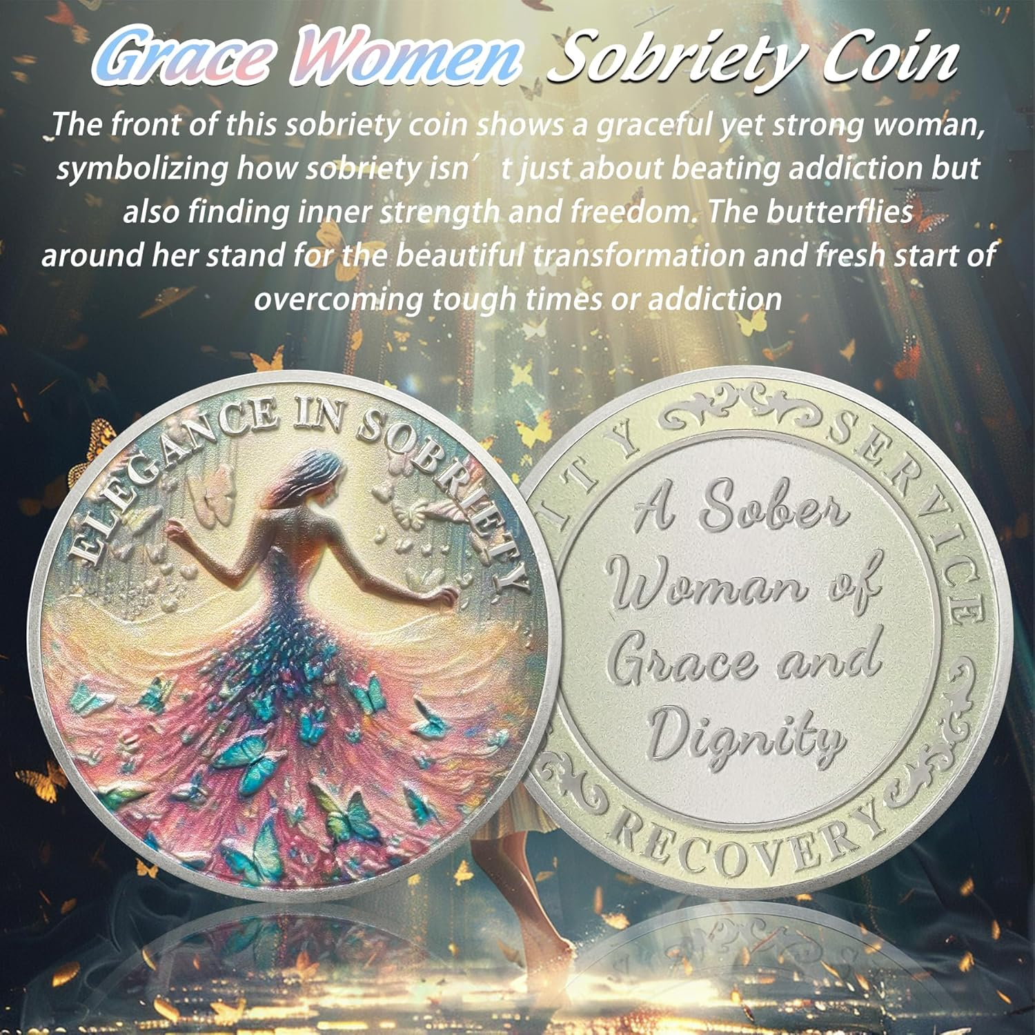 Artsy Grace Women Sobriety Coin - Recovery Butterfly AA Coins - Sister Power Addiction NA AA Chips and Medallions - Celebrate Living Clean Narcotics Alcoholics Anonymous Gifts for Men Women image number 1