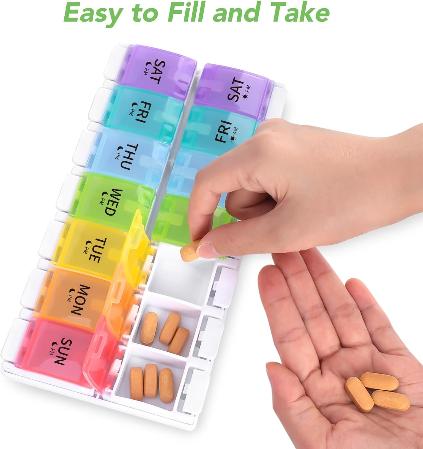 Opret Large Pill Organiser Box 7 Day 2 Times a Day, AM PM Weekly Tablet Organiser, Unique Push Button Open with 14 Compartments image number 5