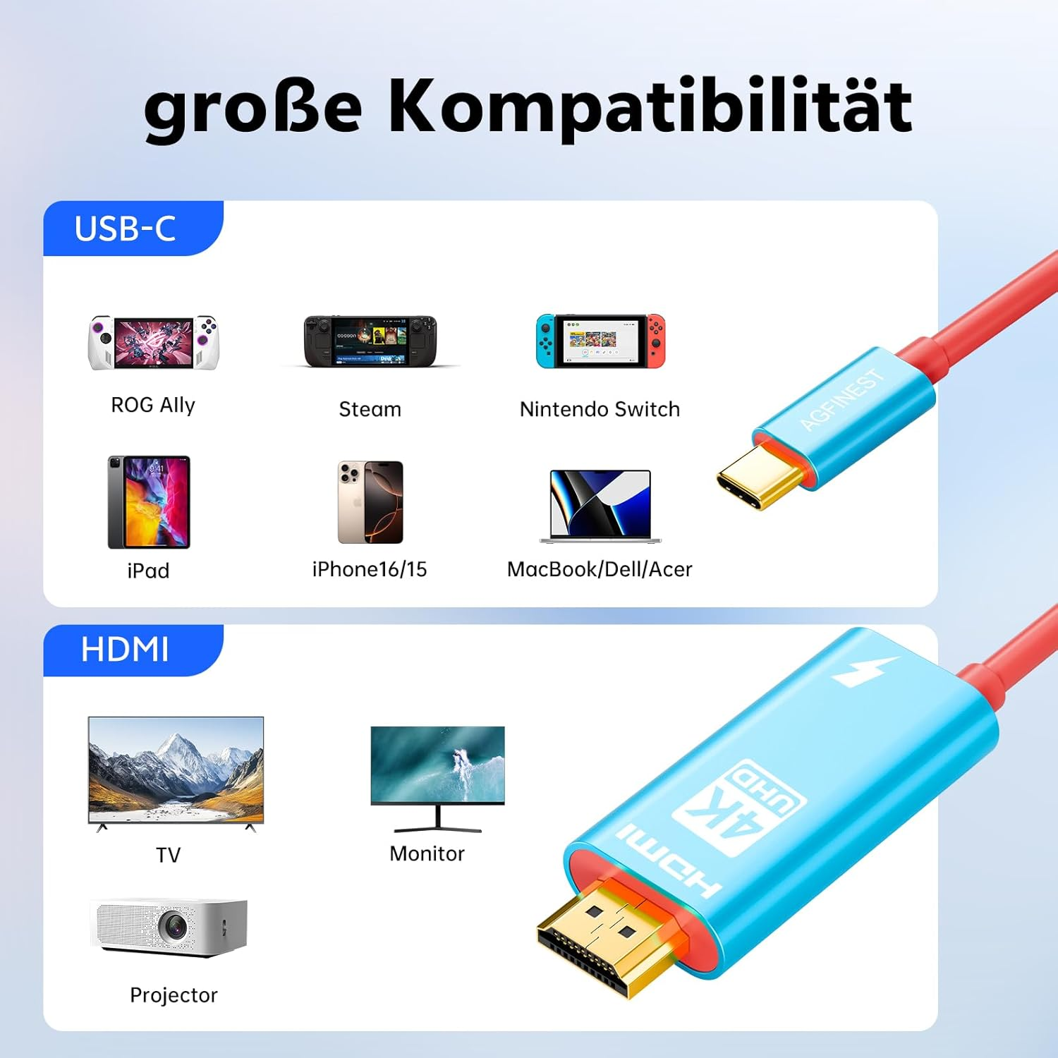 4K USB C to HDMI Cable Compatible with Nintendo Switch NS/OLED, 2 M / 6.6 Ft Switch Dock with 4K @ 60 Hz Output for TV Screen Mirroring Laptop, Tablet, Steamdeck image number 1