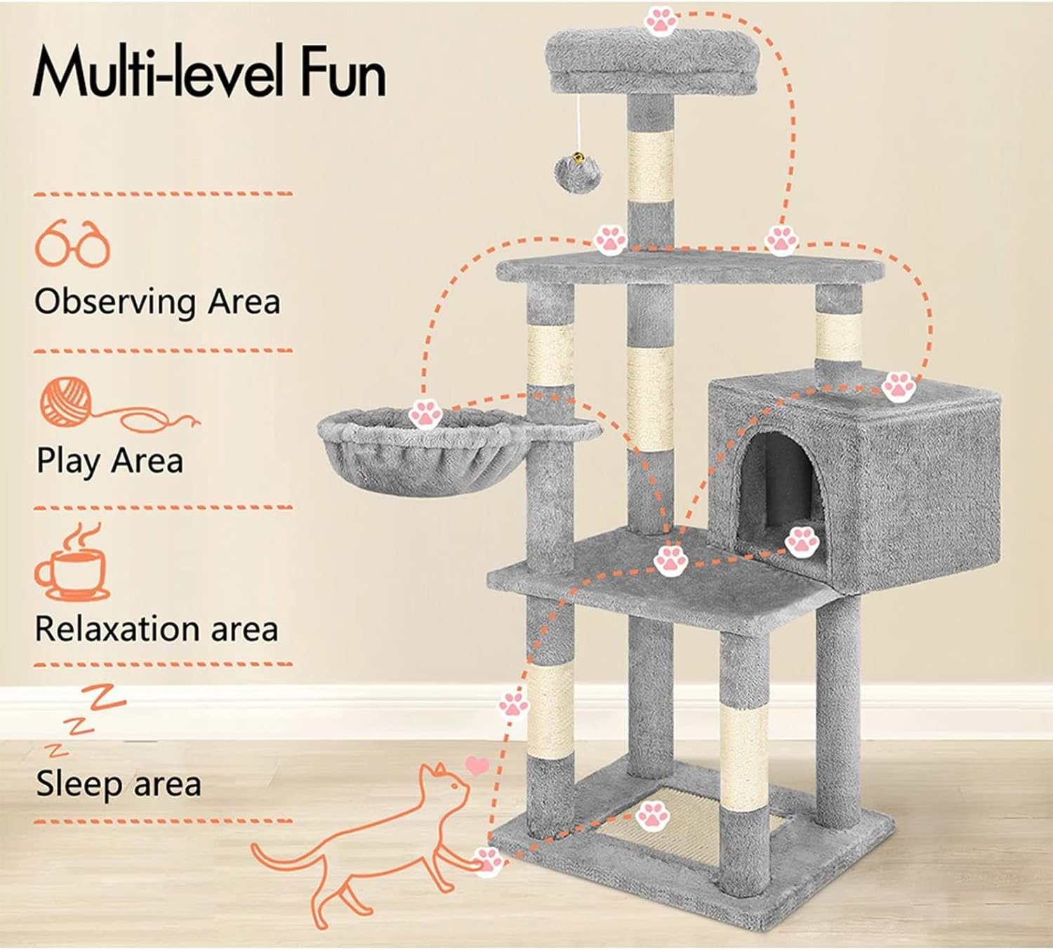 BEASTIE Cat Tree 130Cm Multi-Level Play Tower with Scratching Post, Condo House, Scratch Board & Plush Perch Den, Sisal Covered Scratcher Tower Furniture for Kitten Climbing & Playing, Light Grey image number 2