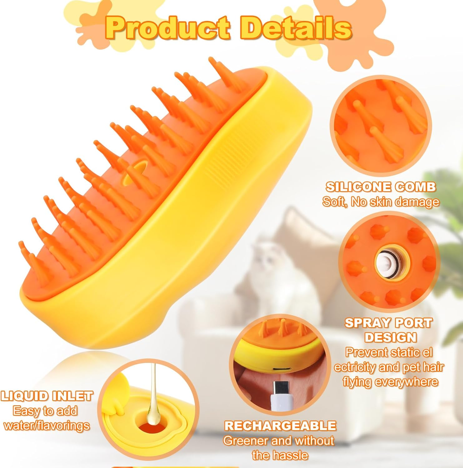 Steamy Cat Brush, Cat Steam Brush for Hair Cleaner, 3-In-1 Steam Brush for Cats, Cat Care Brush Pet, Cat Spray Massage Comb, Pet Hair Remover, Hair Removal Comb for Cats and Dogs image number 3