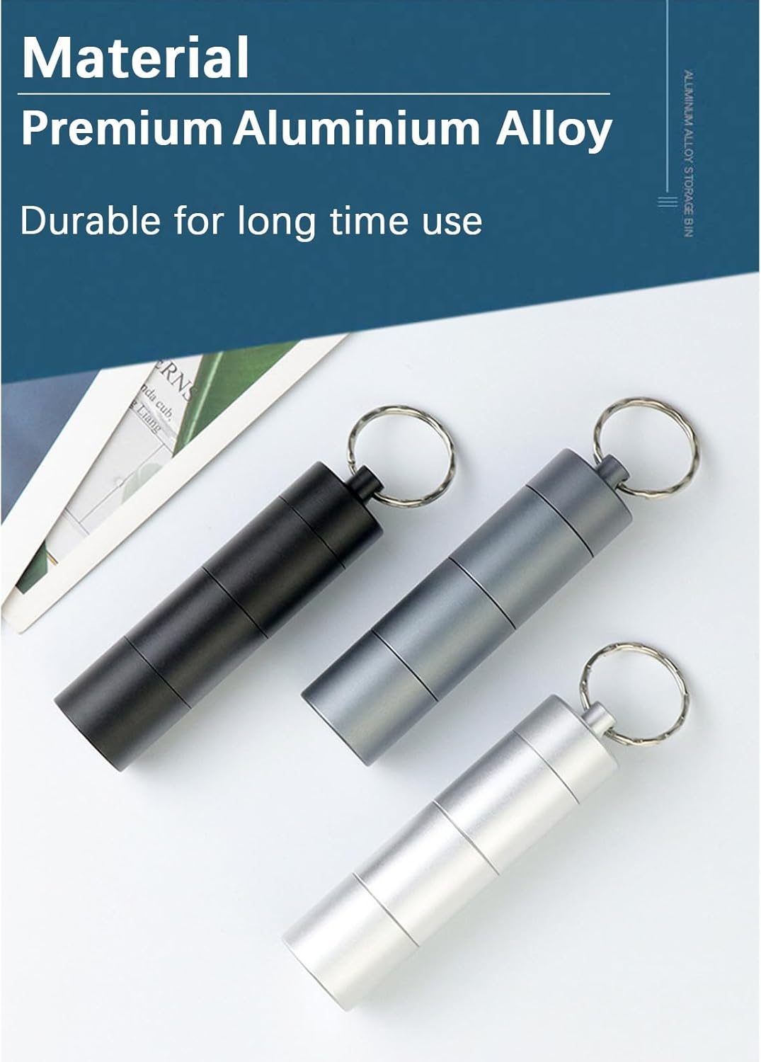 Keychain Pill Organizer, Waterproof Pill Holder 3 Compartments Detachable, Small Portable Pill Case for Travel Pocket Purse, Aluminium Alloy Pill Container, EDC Pill Fob for Outdoor/Daily/Emergency (Grey) - Black image number 6