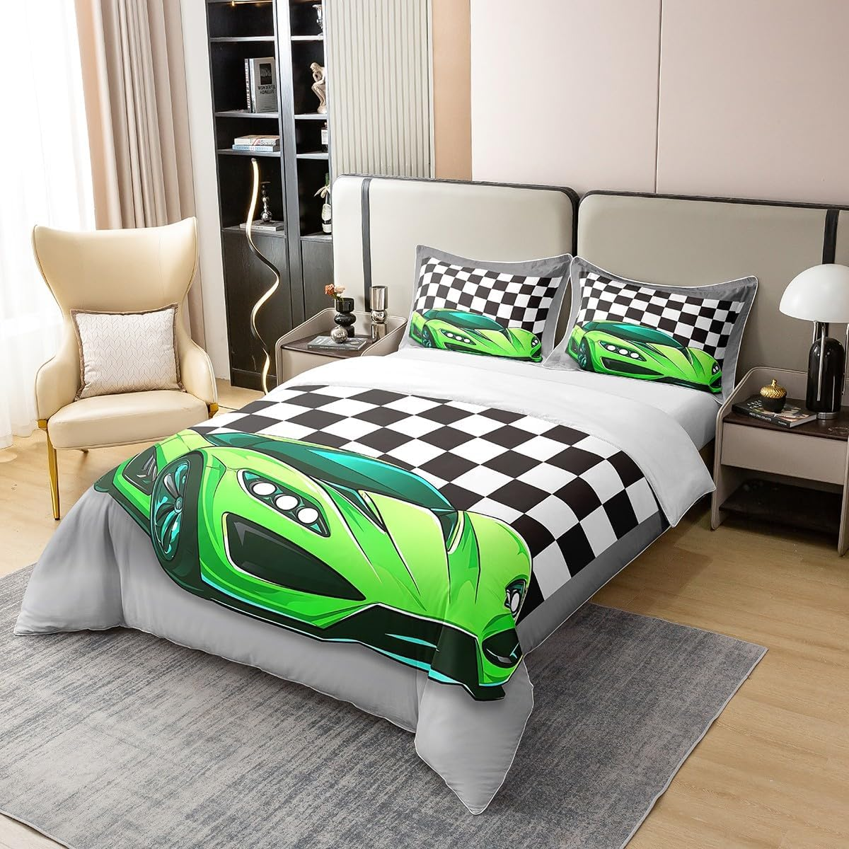 100% Cotton Boys Racing Car Comforter Cover 155 X 220, Extreme Sport Automobile Soft Breathable Duvet Cover, Racing Car Bed Linen, Black White Plaid Pattern Quilt Cover for Children, Boys, Teens image number 6