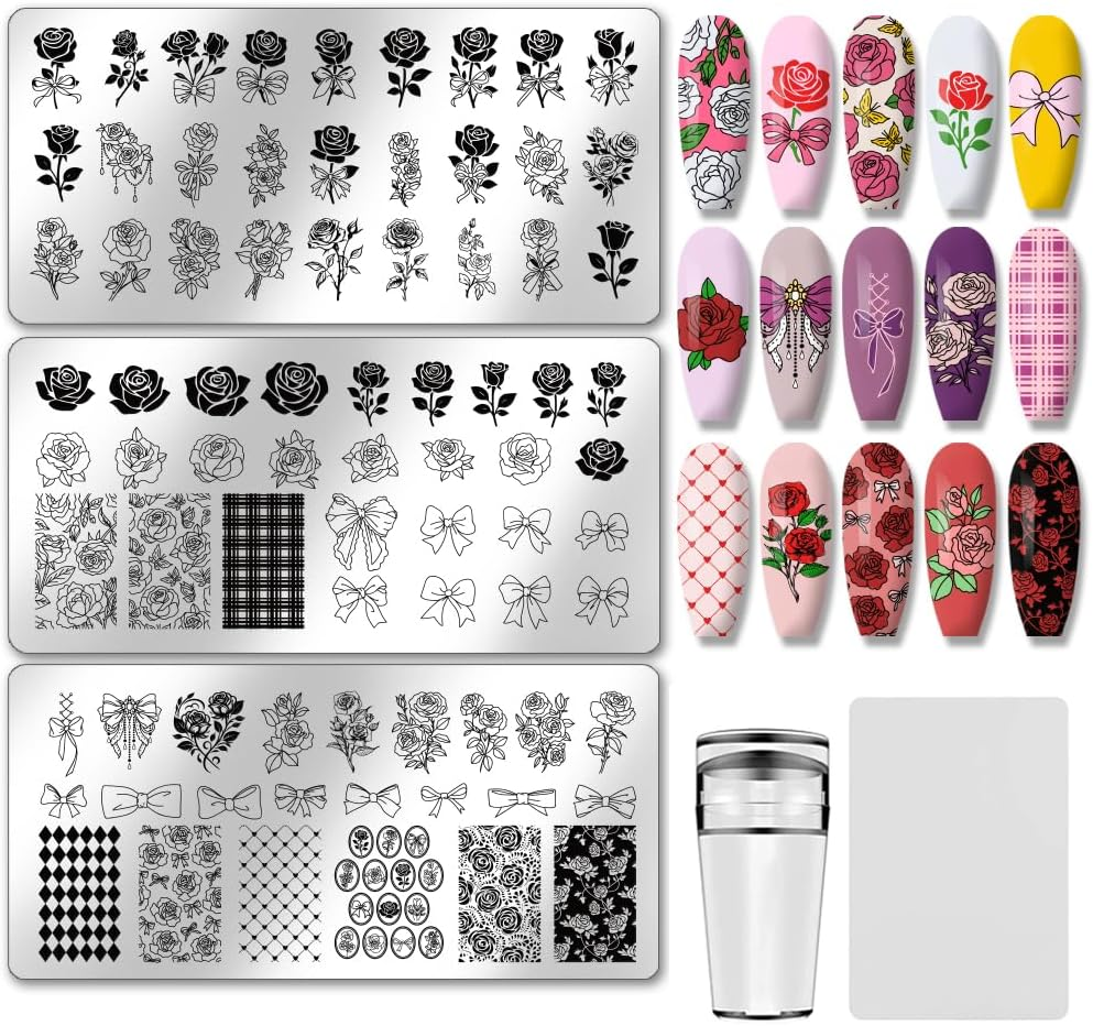 PH Pandahall 3Pcs Rose Flower Nail Stamping Plates Bow Bouquet Nails Art Stencils Plants Manicure Art Templates Vintage Floral Print Nail Stencils for Women Manicures Salon Design DIY Tools Supplies image number 1