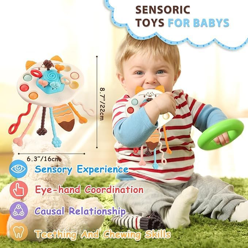 Montessori Pull String Toys Food Grade Silicone Sensory Pulling Toys for Babies 6-12 Months, Airplane Travel Car Stroller Activity Toy Gift for Toddlers Boys Girls 1 2 3 Year Old (Fox Shaped)