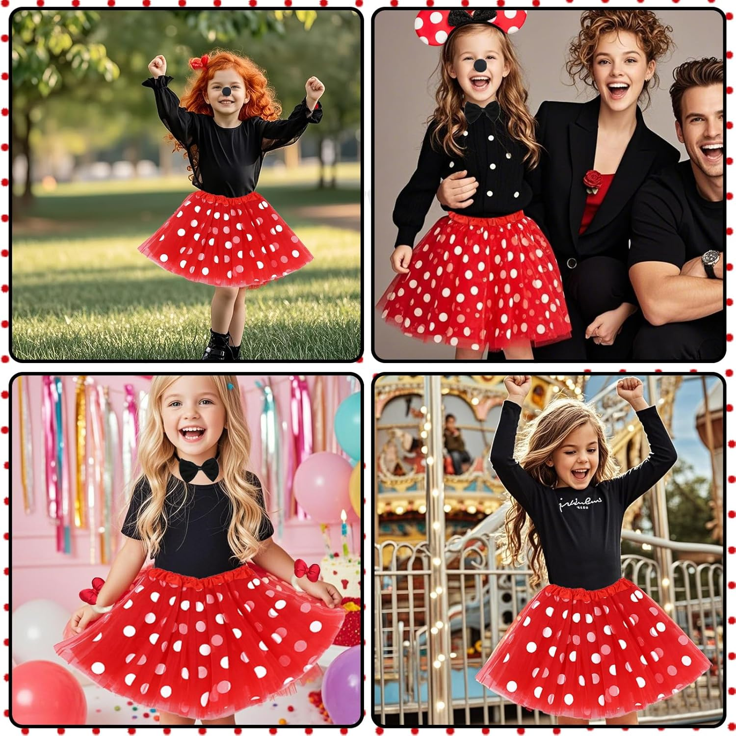 Mouse Costume Children, 7-Piece Girls' Mini Mouse Costume, Red Pink Tutu + Mouse Ears + Nose + Bow Tie + Tail + Gloves + Hair Ties, Children'S Costumes Girls Carnival Costume Children image number 3