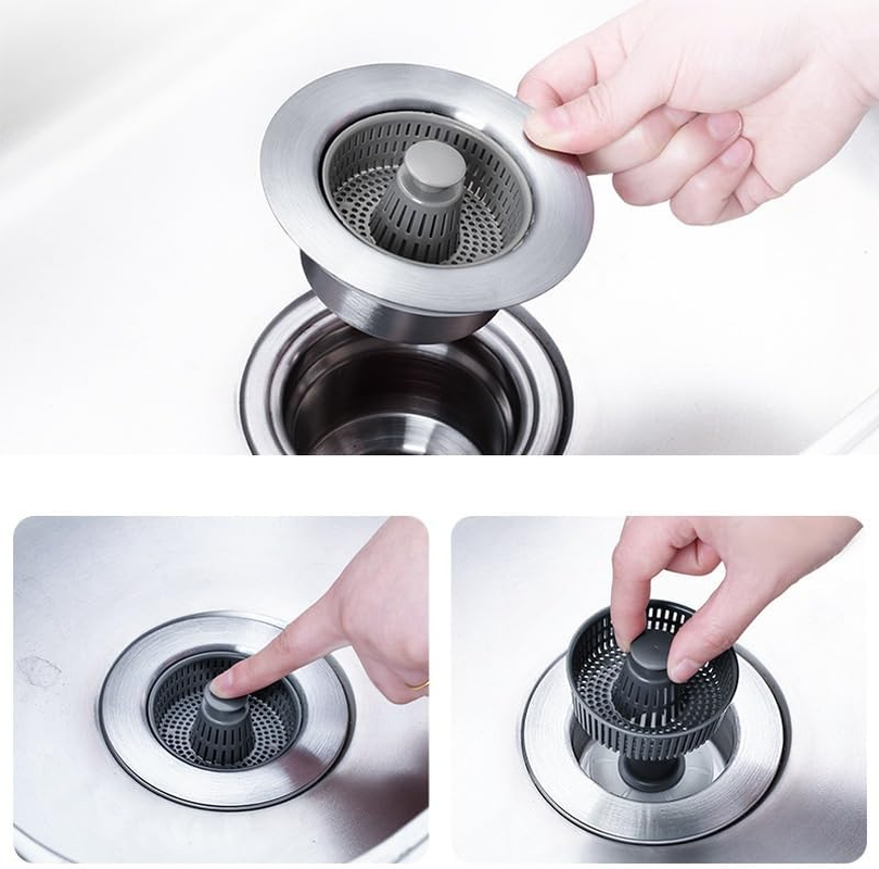 Kitchen Sink Drain Strainer and Stopper Combo, Universal Kitchen Drain Press Bounce Device Stainless Steel Sink Drain Stopper (Silvery, 11Cm) image number 1