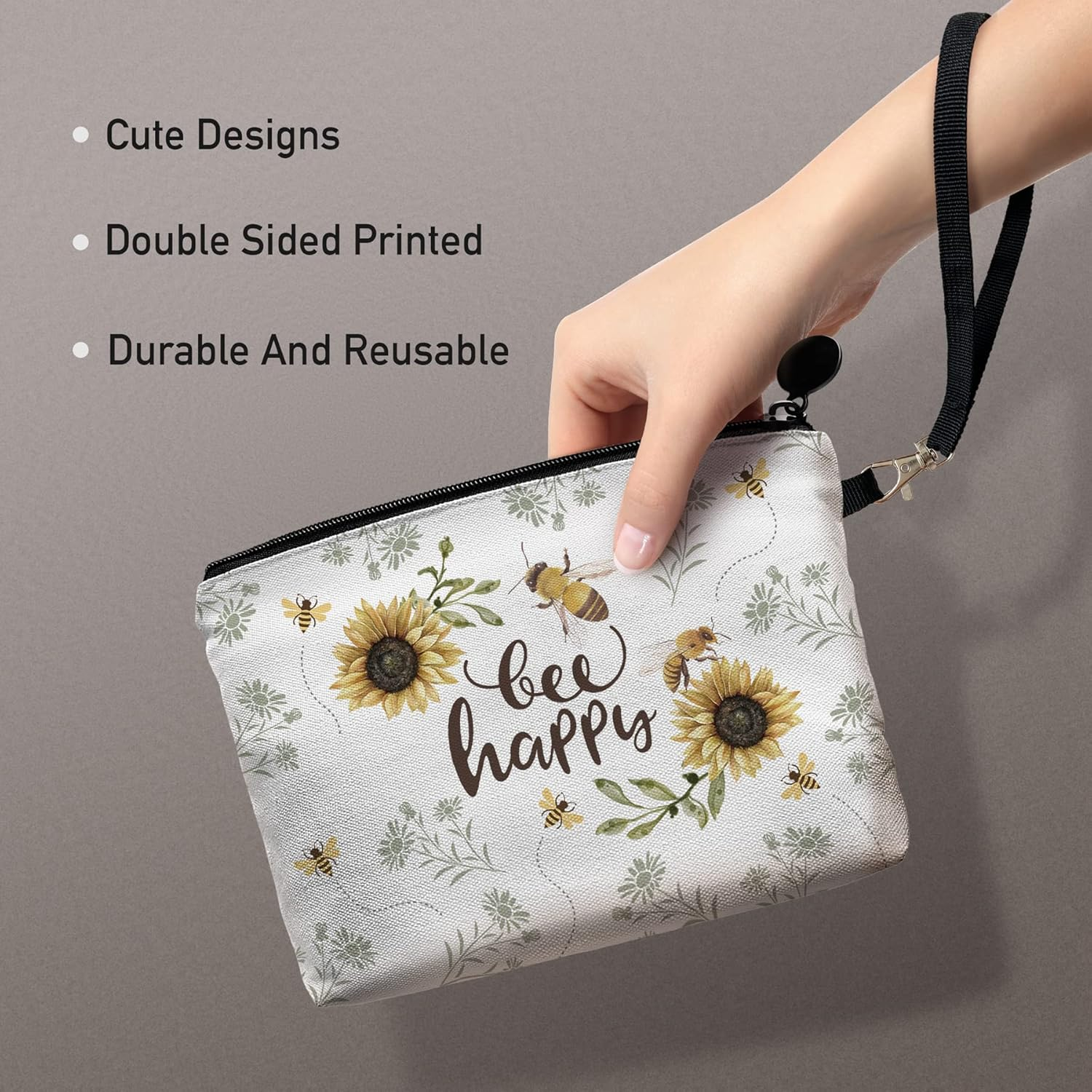 Hglian Travel Makeup Bag, White, Small Pouch, Bee-Bee Happy image number 4