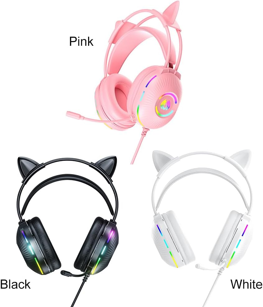 Gaming Sets with Microphone, Noise Canceling Wired Phones with Cartoon Cats Ear 7.1 Surround Sound Over-Ear Earphones for PC image number 5