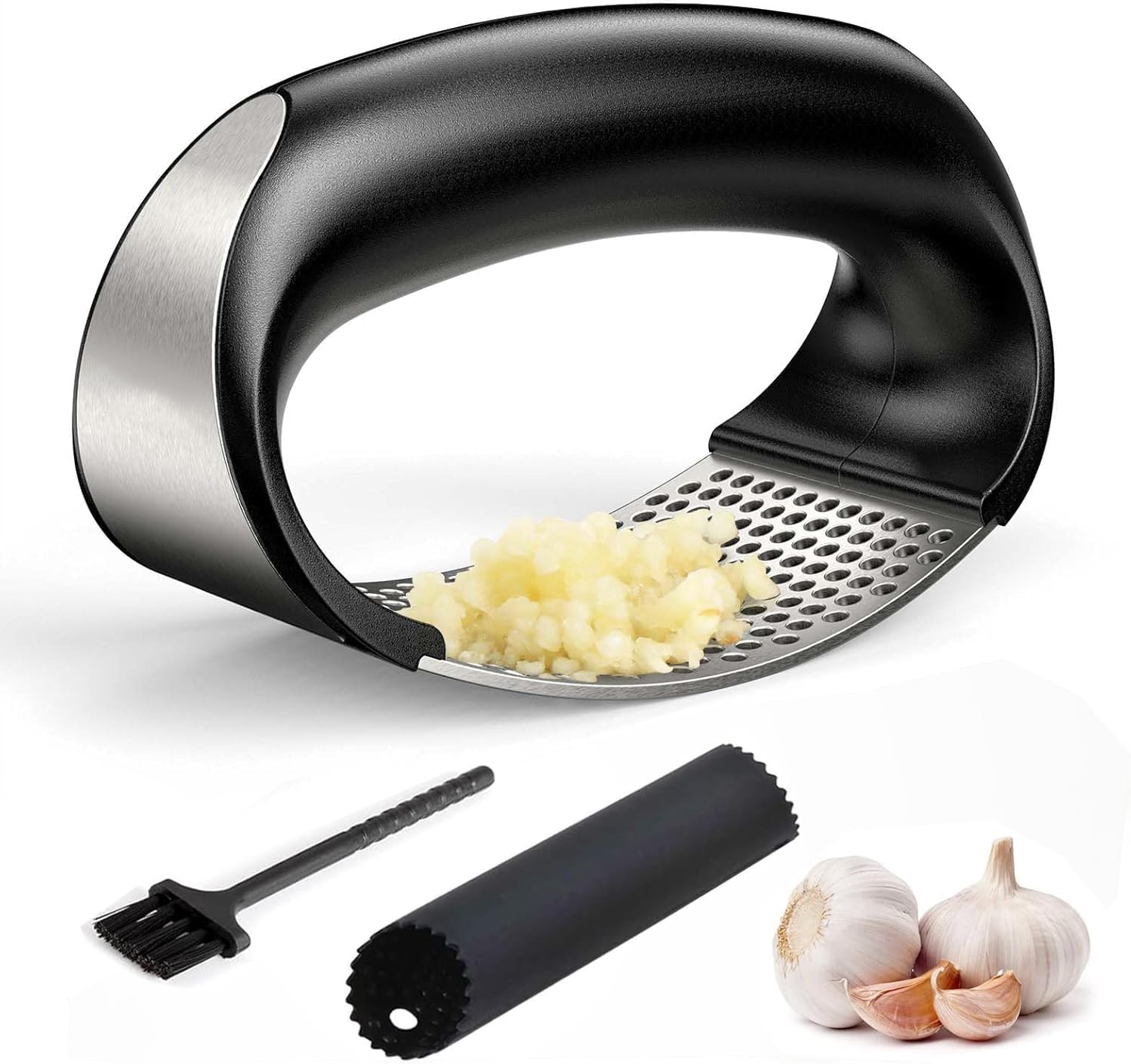 Dybepocih Garlic Press Rocker,2025 New Stainless Steel Garlic Mincer Garlic Crusher Set,3-In-1 Garlic Crusher,Peeler with Cleaning Brush,Easy Squeeze Rocker Design for Smashing Garlic Kitchen Gadget