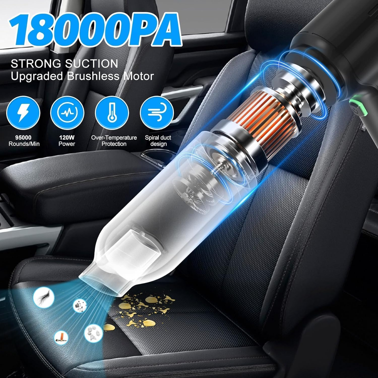Handheld Car Vacuum Cleaner, 18000PA Suction, Cordless Rechargeable, Type-C Charging, 3-In-1 Design image number 5