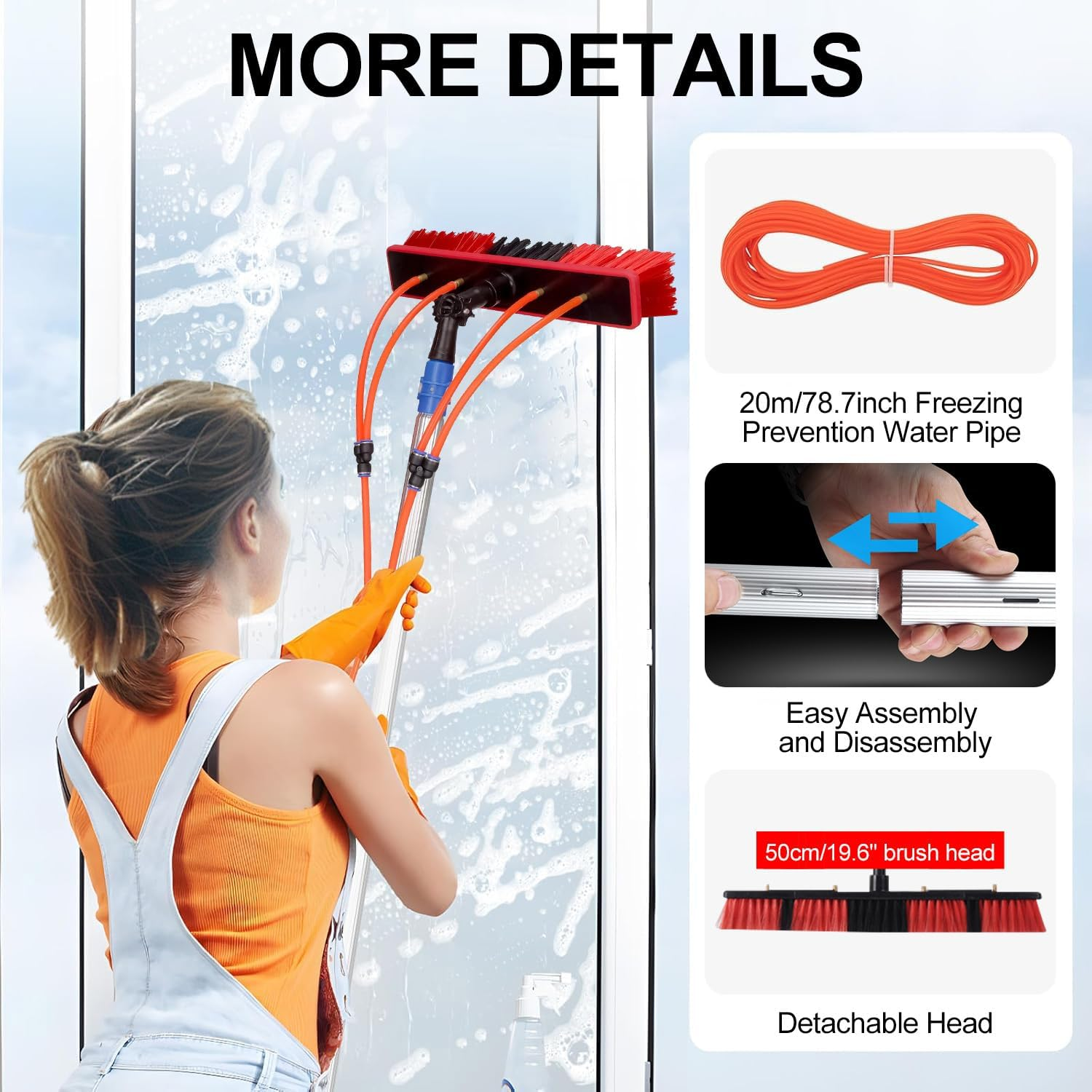 HOOMFIT Solar Panel Cleaning Brush,21.7" Brush Head Water Fed Pole Kit Adjustable Rotatable Outdoor Washing Equipment Tool for Solar Photovoltaic Panel Window Glass Roof Outdoor(8M,315") image number 3