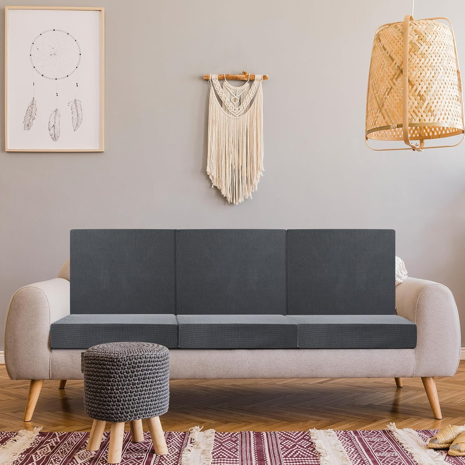 Newwiee 8 Patio Stretch Sofa Cushion Covers Outdoor Cushion Covers Replacement Couch Slipcovers Sofa Seat Cover Soft Chair Cover Furniture Protector for Pet (Dark Gray) - Beige image number 4