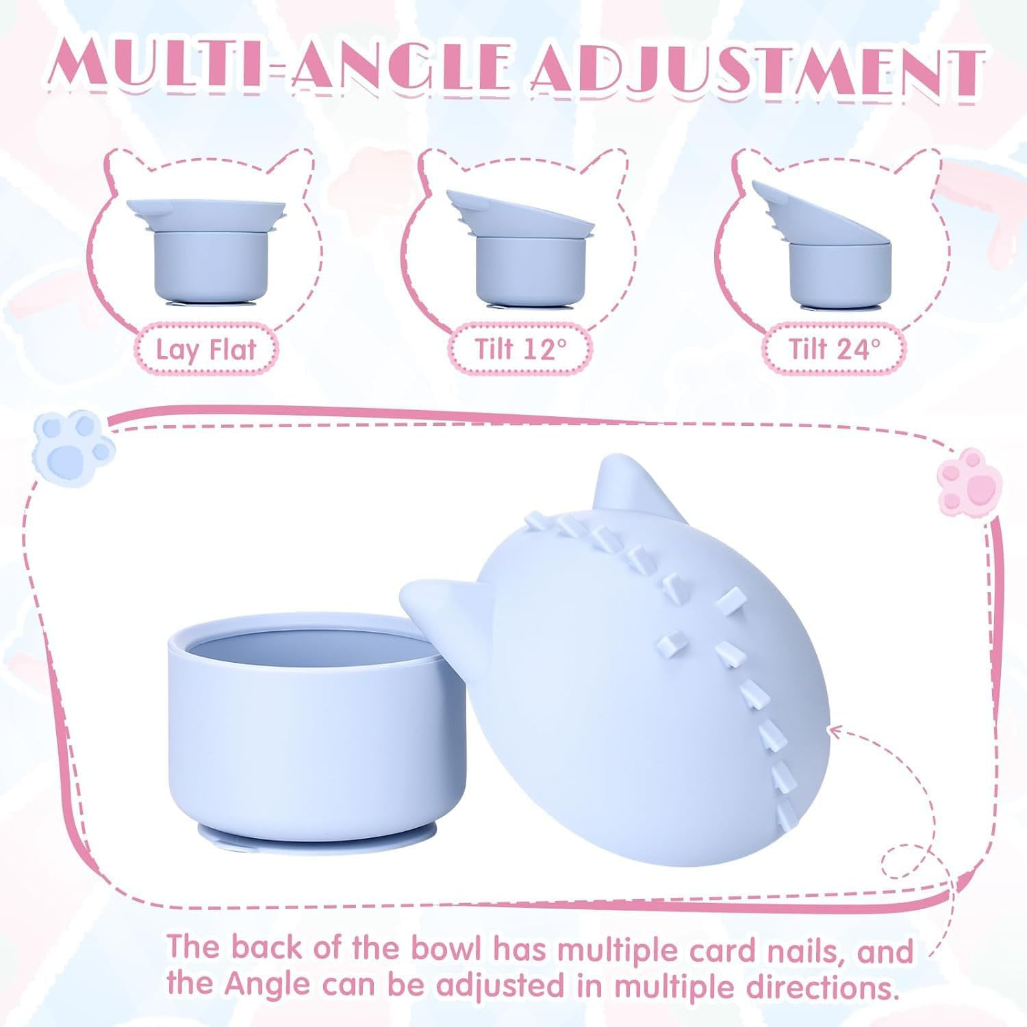 2 Pack Slow Feeder Cat Bowls &ndash; Elevated Tilted Silicone Pet Bowls Adjustable Angle (15&deg;/30&deg;), Dishwasher Safe &ndash; Pink & Blue (Healthy Eating, Vomit Prevention) ﻿