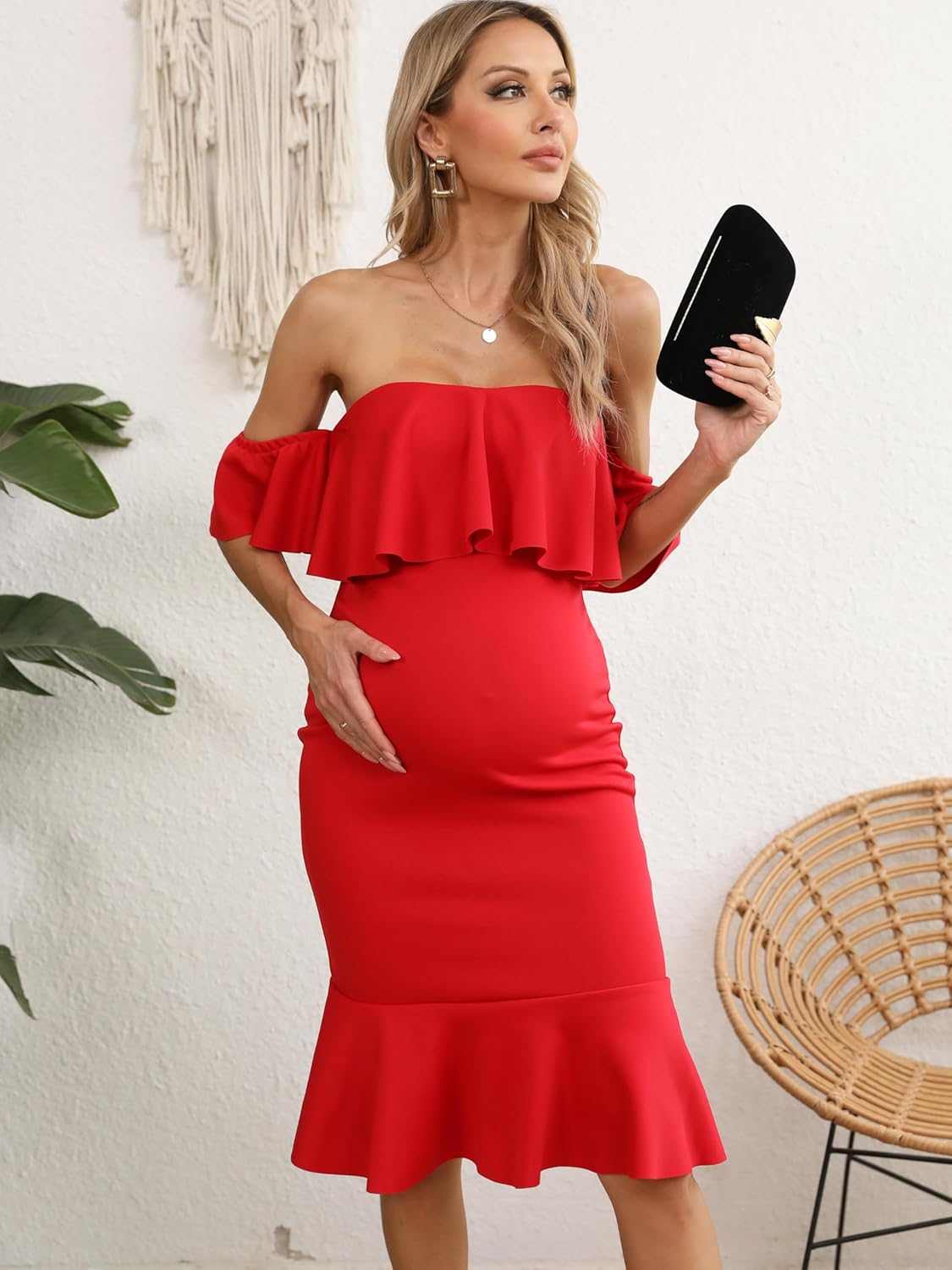 Red Ruffle off Shoulder Maternity Dress for Baby Shower, Short Sleeve Mermaid Bodycon Midi Pregnancy Evening Dress for Women image number 4