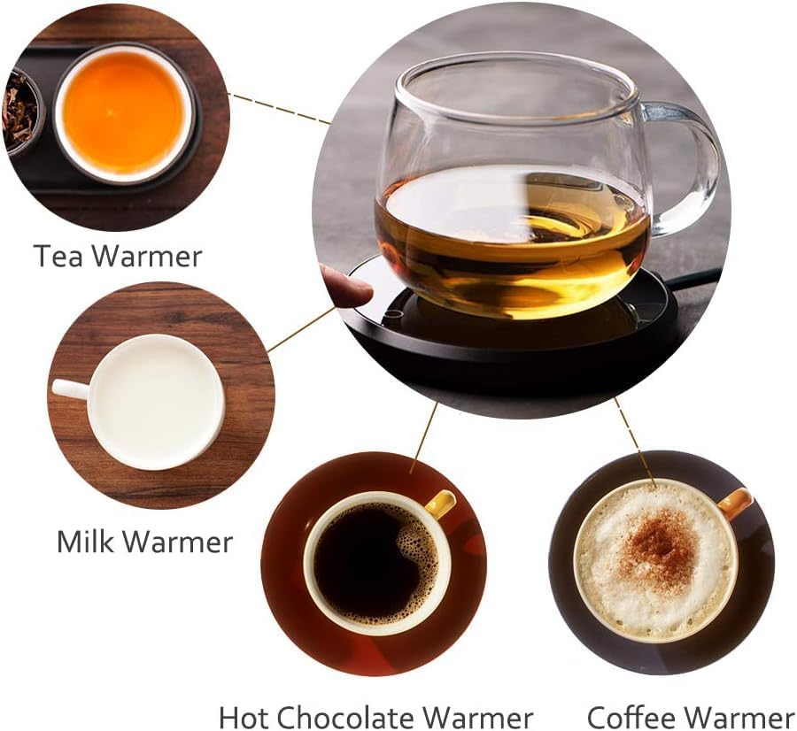 Travel Essentials USB Mug Warmer for Coffee & Tea - 3 Temp Settings Auto Shut-Off Cup Warmer Plate | Portable Desk Heater for Office Home | Compatible with Ceramic/Glass/Stainless Steel Mugs (Black)