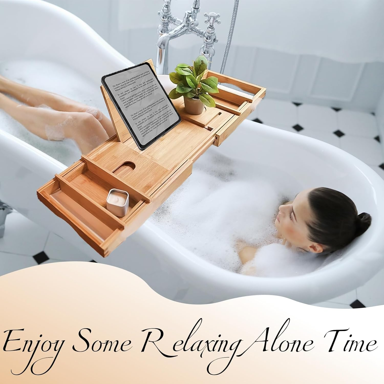 Oksoar Bathtub Tray, Premium Bamboo Luxurious Spa Set for Women: Unique Expandable Bath Sets, and Relaxing Bath Accessories - Perfect Housewarming and Couples Gifts image number 6