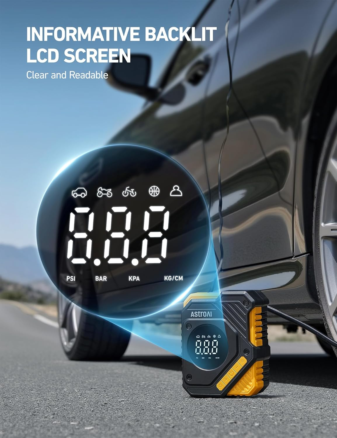 Astroai Car Tyre Inflator Air Compressor 12V DC, 150 PSI Digital Tyre Pump with Pressure Gauge, Large LCD Display, Smart Preset & Auto Stop, for Car, Motorcycle, Bike Tyres image number 5