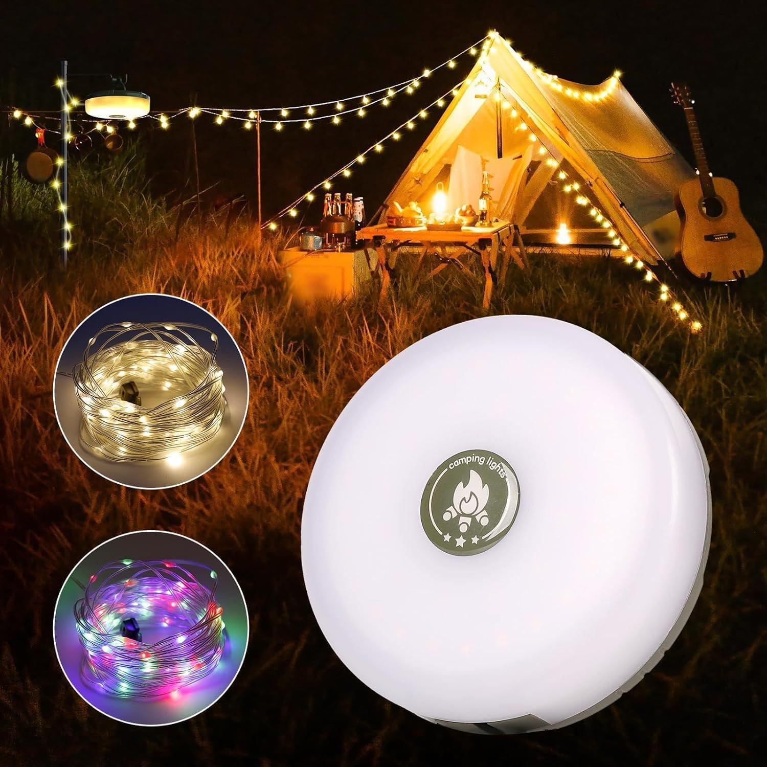 Camping String Lights with Camping Lantern and Flashlight, 3 in 1 Outdoors String Lights with 8 Lighting Modes(32.8Ft/10M), Quick 30S Recovery, Durable, USB Charging, Rechargeable, Waterproof image number 2