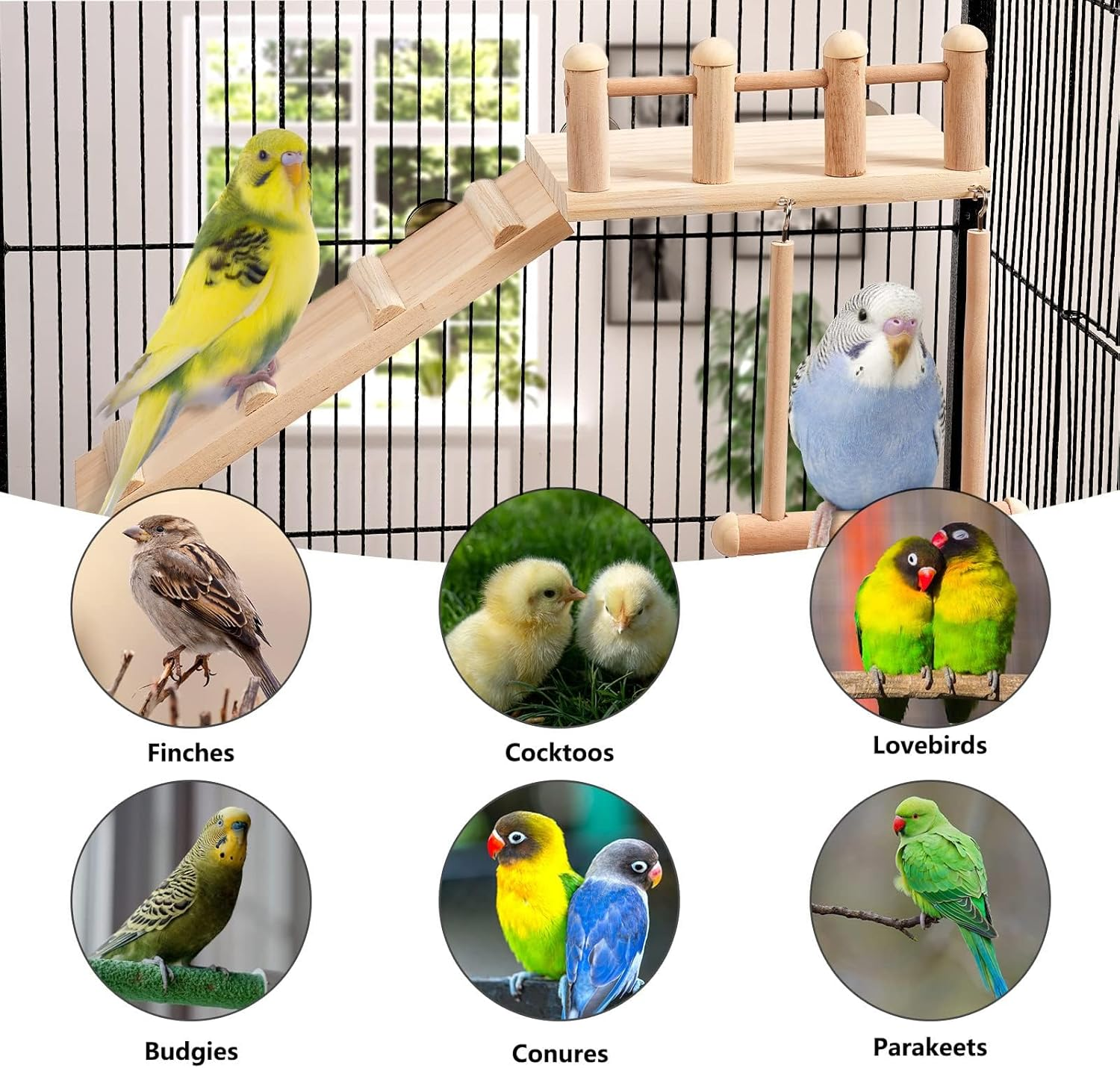 Bird Perches Platform Swing with Climbing Ladder, Parakeet Cage Accessories Wooden Playing Gyms Exercise Sturdy for Small Birds image number 4
