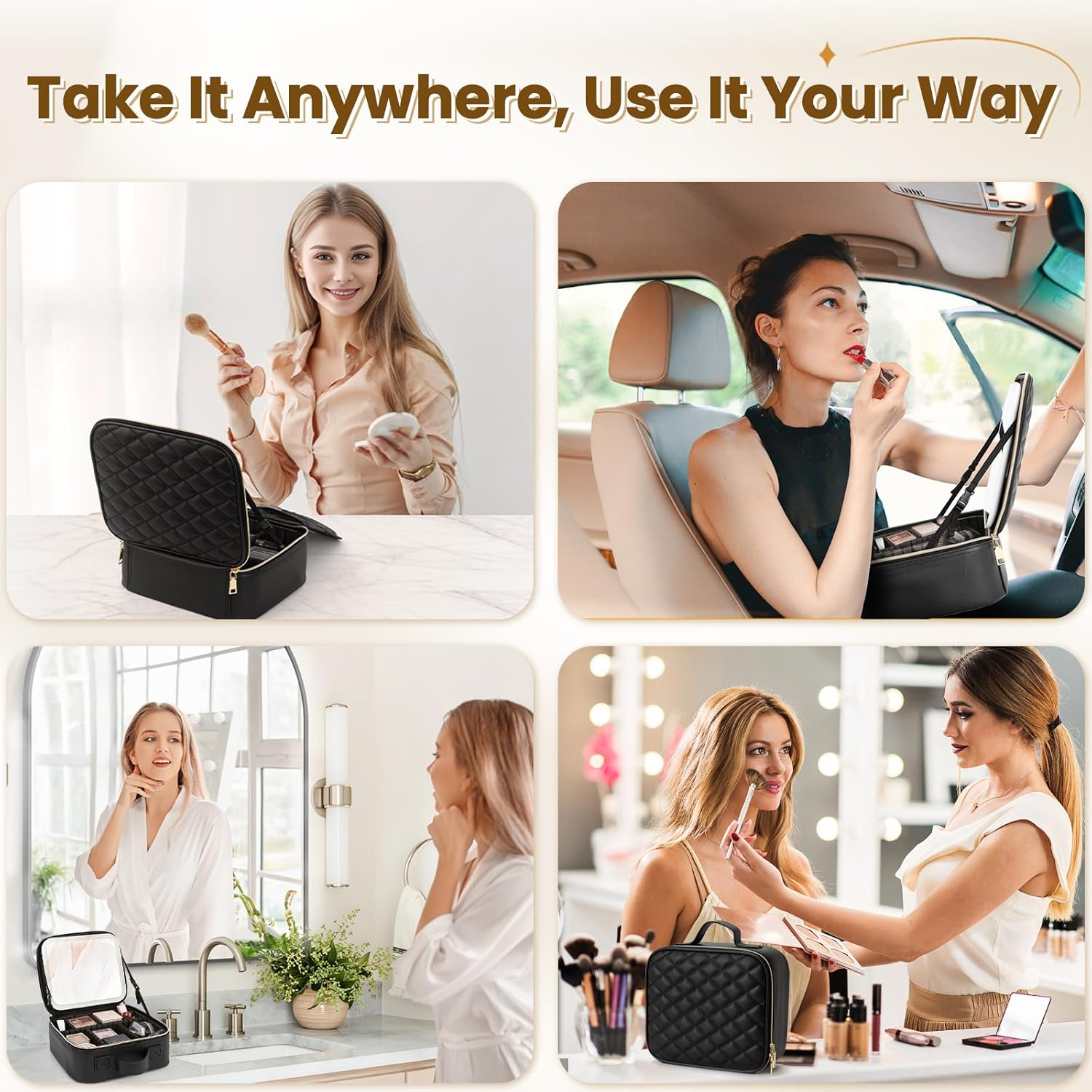 Travel Makeup Bag with LED Mirror, Leather Cosmetic Train Cases with Adjustable Dividers, Makeup Organizer with Makeup Brush Storage Board for Women, Artist and More, Black, Cosmetic