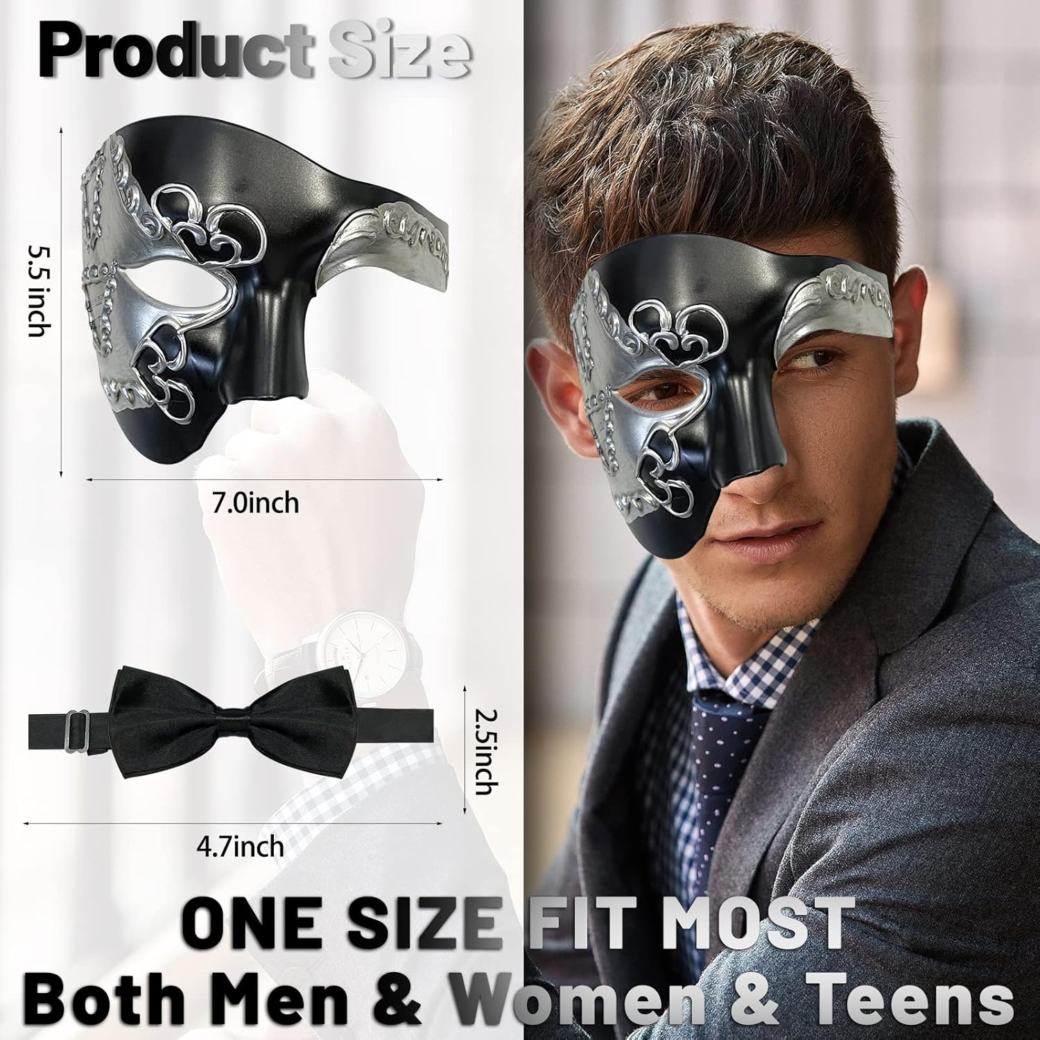 Hyperfun Masquerade Mask for Men Phantom of the Opera Half Face Mask with Bowtie, Vintage Venetian Masks for Costume Parties - Blue Pioneer image number 6